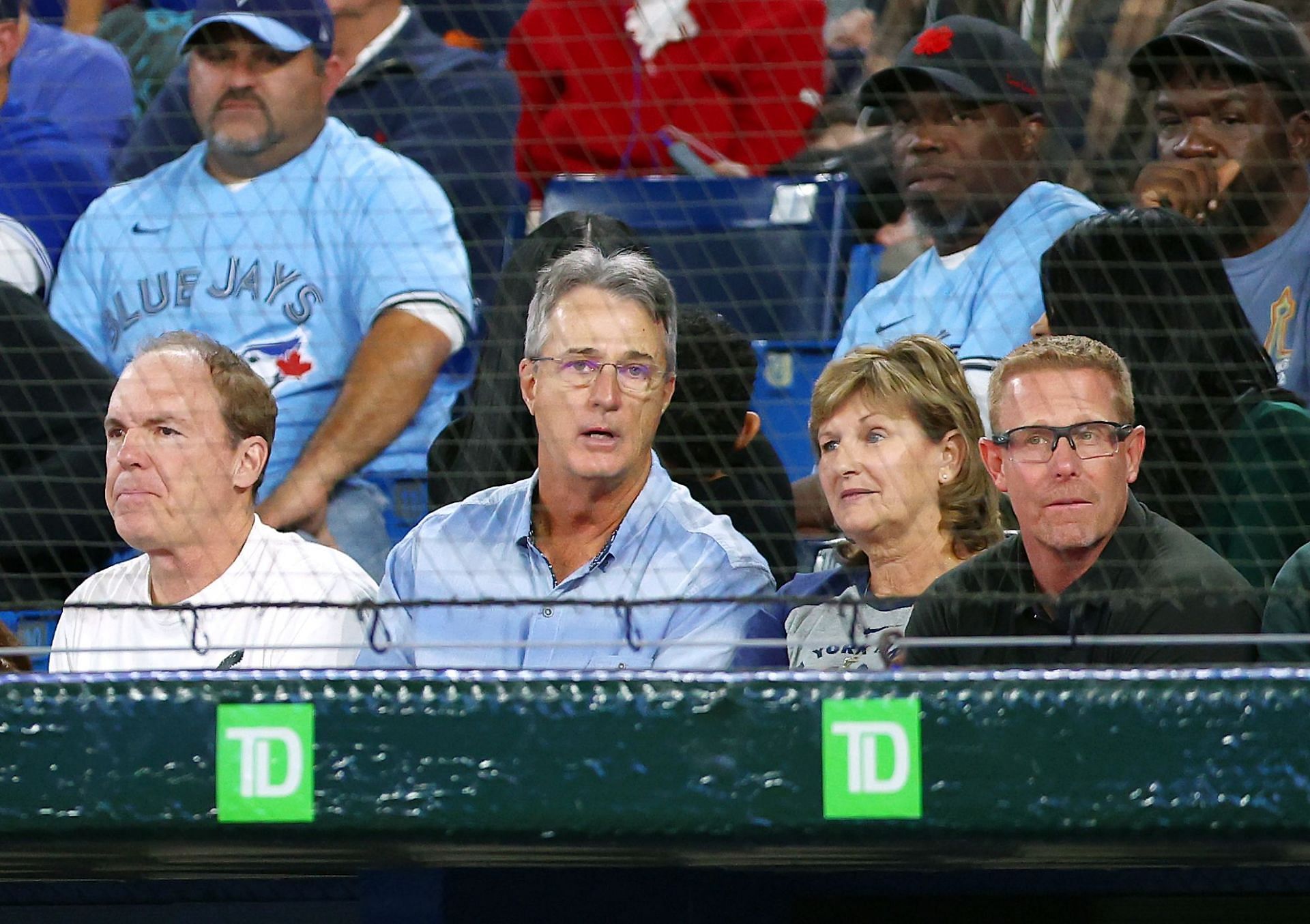 Roger Maris Jr., second from left, talks with with Patty Judge, second from right, the mother of New York Yankees slugger Aaron Judge during a game between the Yankees and the Toronto Blue Jays at Rogers Centre on Sept. 26 in Toronto, Ontario, Canada. (Photo by Vaughn Ridley/Getty Images)