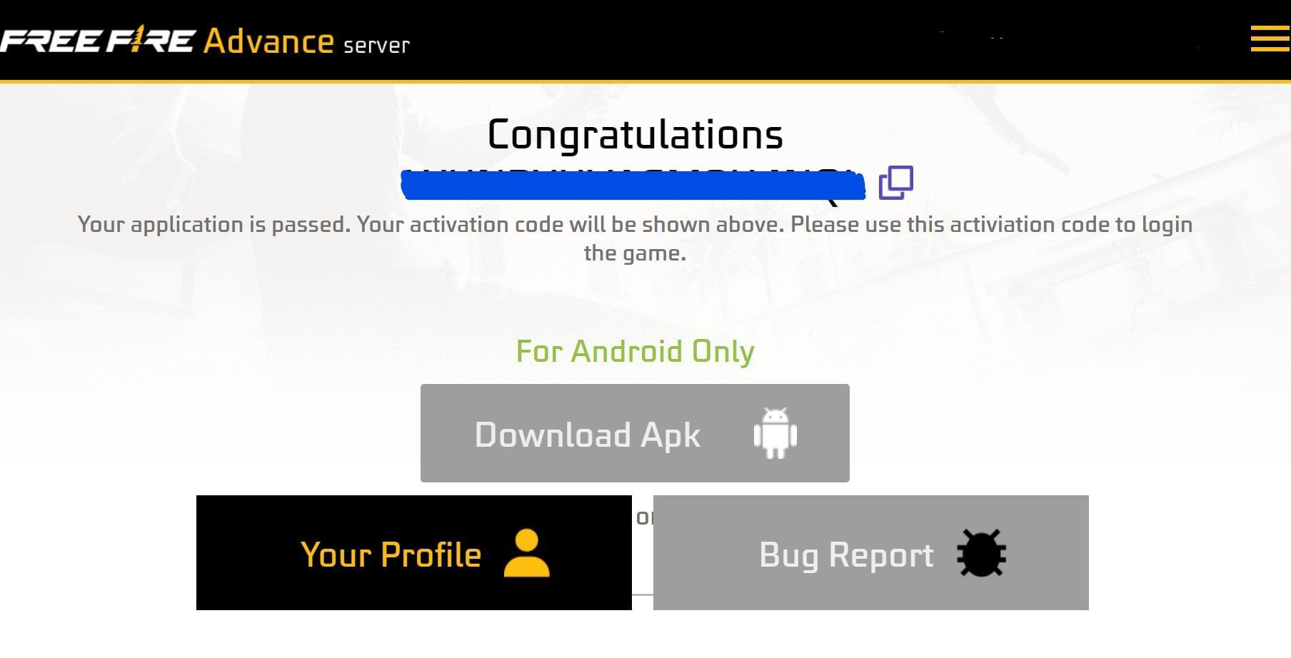 Copie o Adctivation e salve em suas notas, para poder utilizá-lo após a instalação do arquivo APK do OB38 Advance Server (Imagem via Garena)