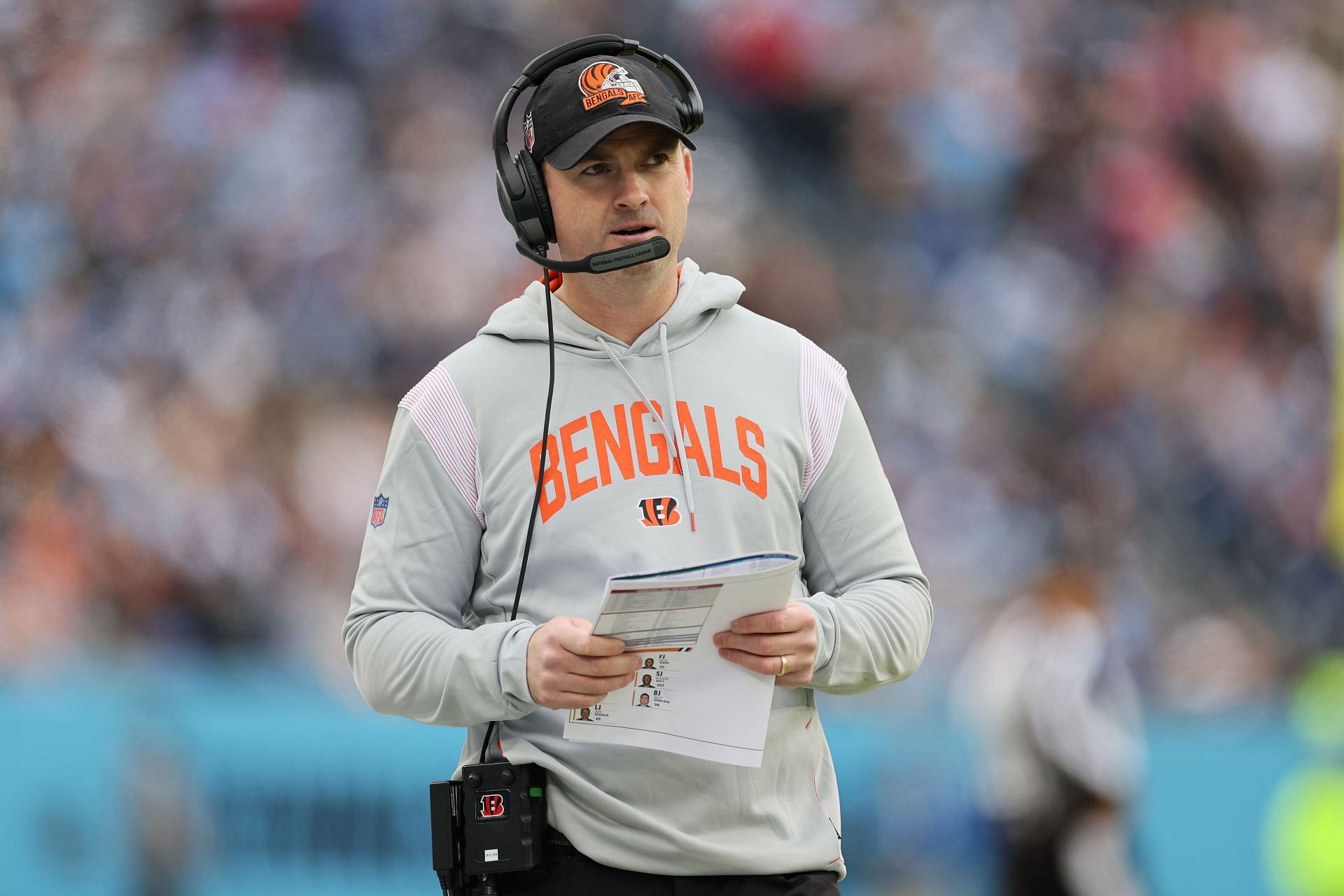 Zac Taylor the head coach of the Cincinnati Bengals against the Tennessee Titans