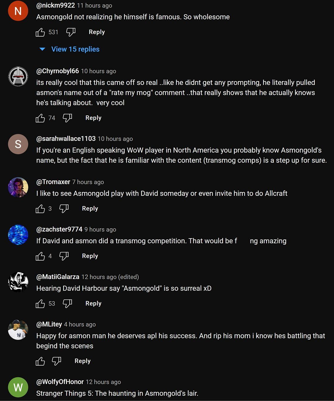 Los fans en la sección de comentarios de YouTube reaccionan cuando el famoso actor menciona el streamer de WoW (Imágenes a través de Asmongold Clips/YouTube)
