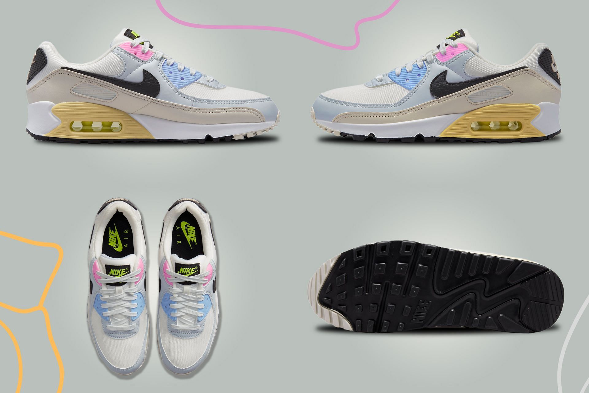 The newly released Nike Air Max 90 Multi &quot;Summit White Light Bone&quot; sneakers arrive clad in an Easter Day-themed color scheme (Image via Sportskeeda)
