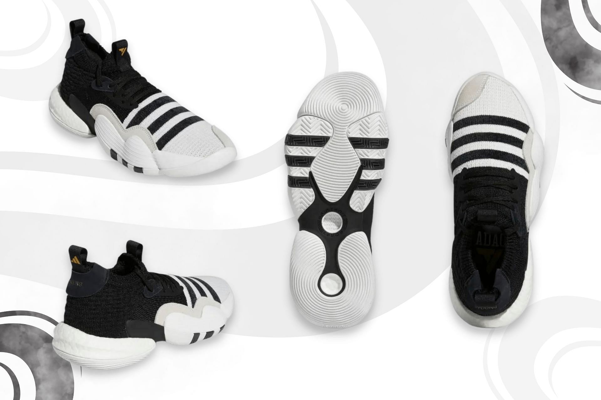 The upcoming Adidas Trae Young 2 &quot;Super Villain&quot; basketball shoes come clad in core black and core white color scheme (Image via Sportskeeda)
