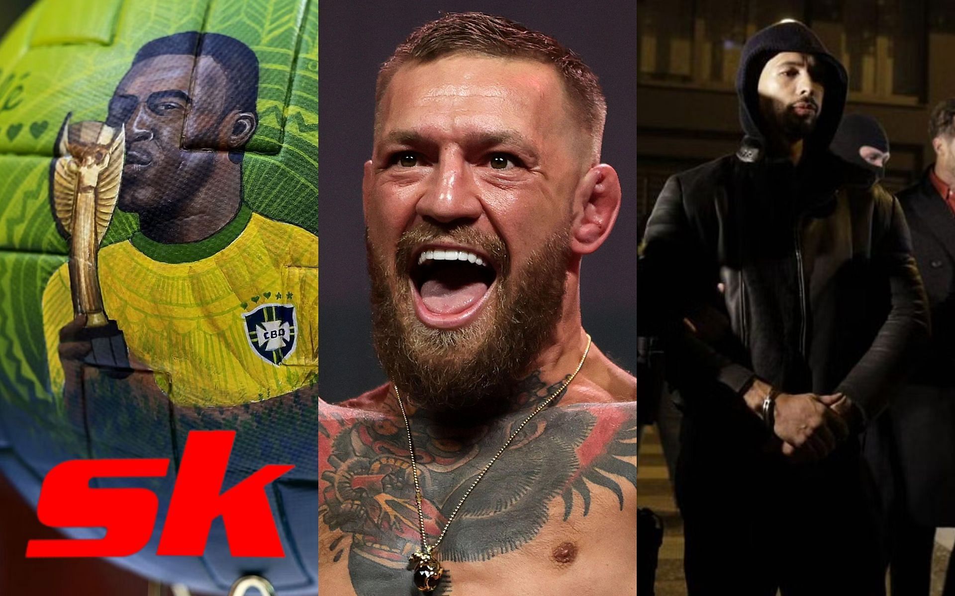 L-R: Painting of Pele, Conor McGregor, &amp; Andrew Tate [Photo credit:@vlad on Twitter via Inquam Photos]