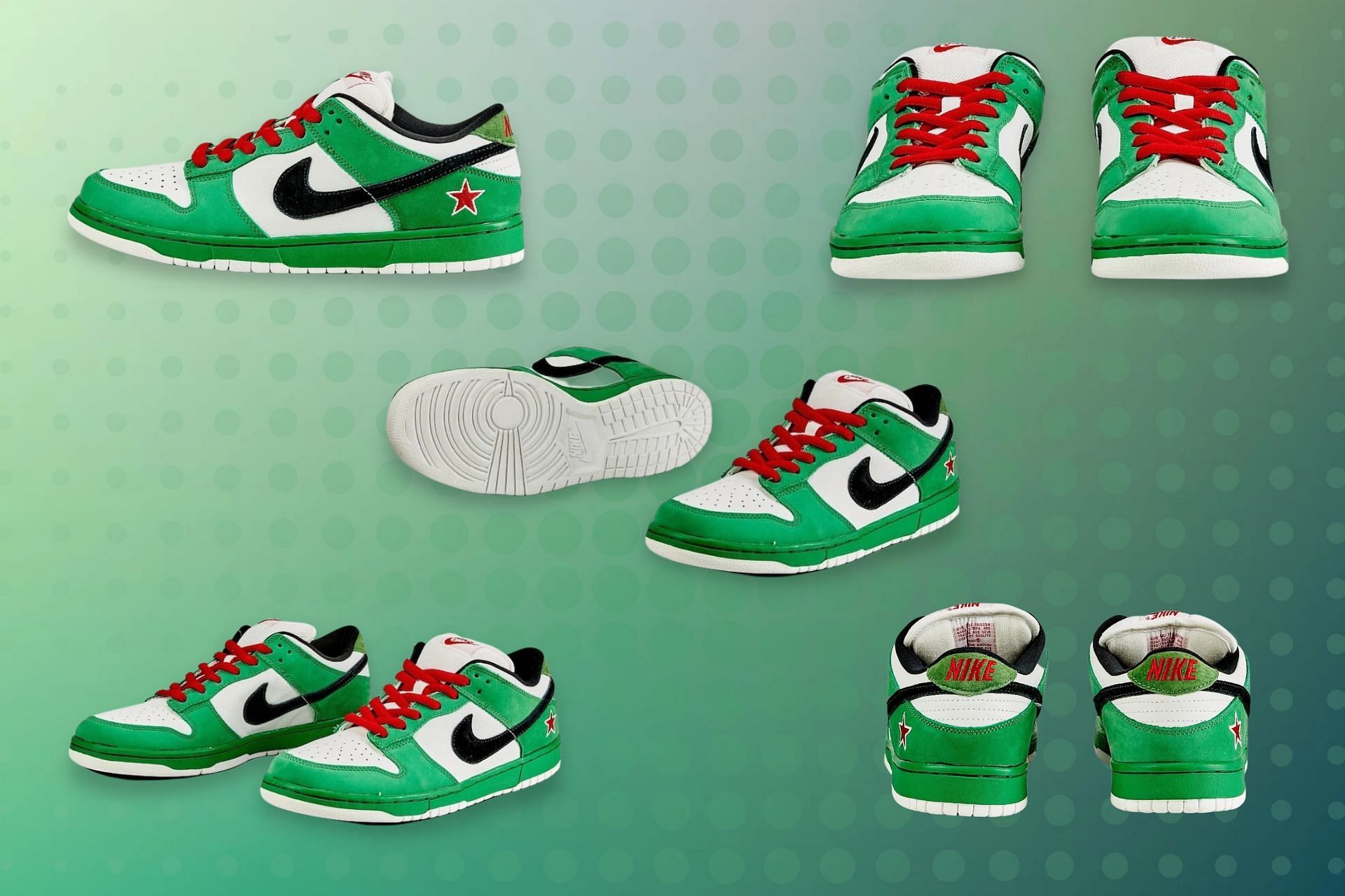 Here&#039;s a detailed look at the Heineken inspired Nike SB Dunk Low shoes (Image via Sportskeeda)