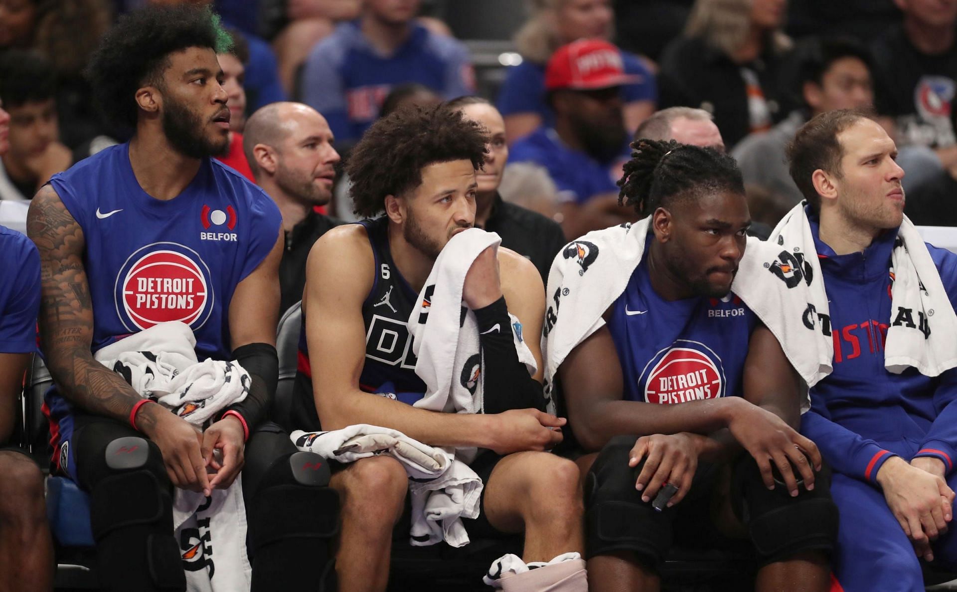 Saddiq Bey, Cade Cunningham, Isaiah Stewart and Bojan Bogdanovic of the Detroit Pistons (Photo: Detroit Free Press)