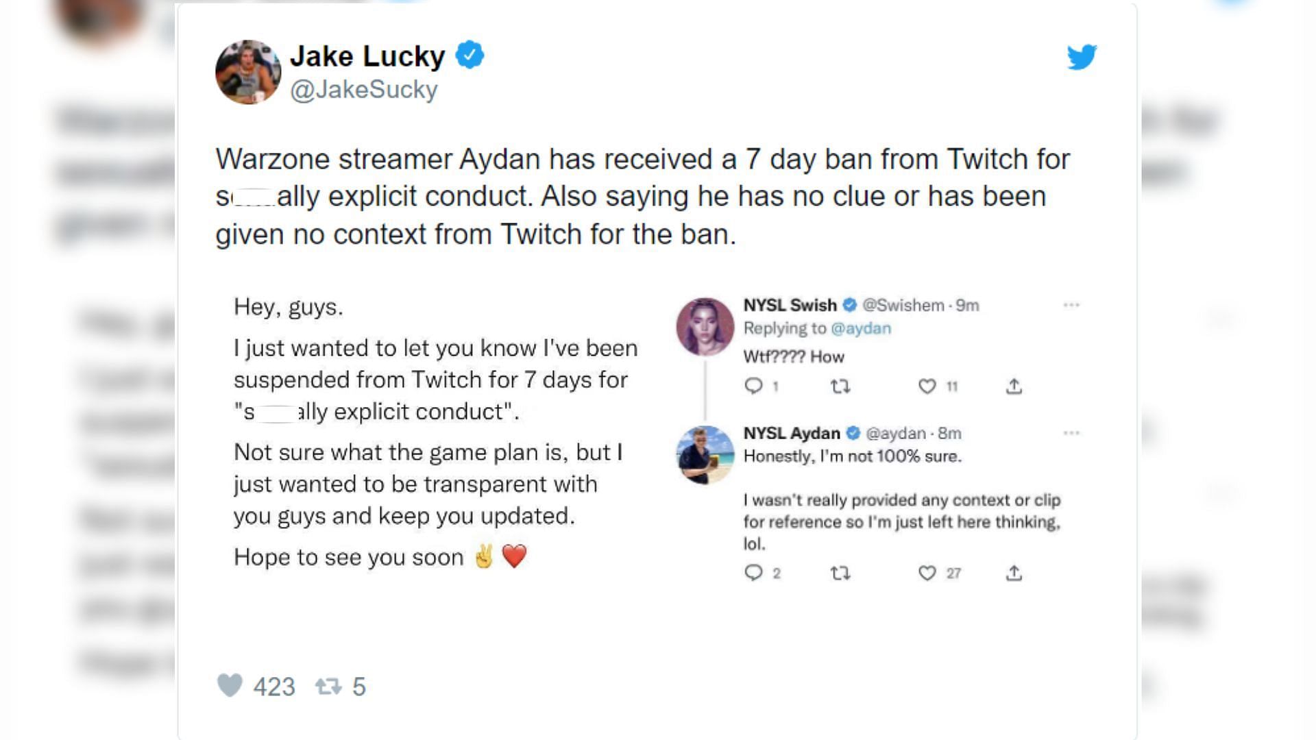 Jake Lucky&#039;s tweet talking about Aydan&#039;s surprise ban (Image via Twitter)