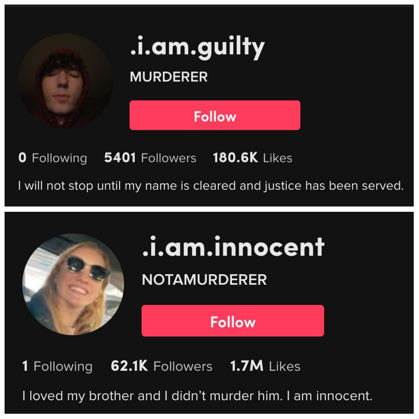 The TikTok bios of the two talk about being &quot;innocent.&quot; (Image via TikTok)