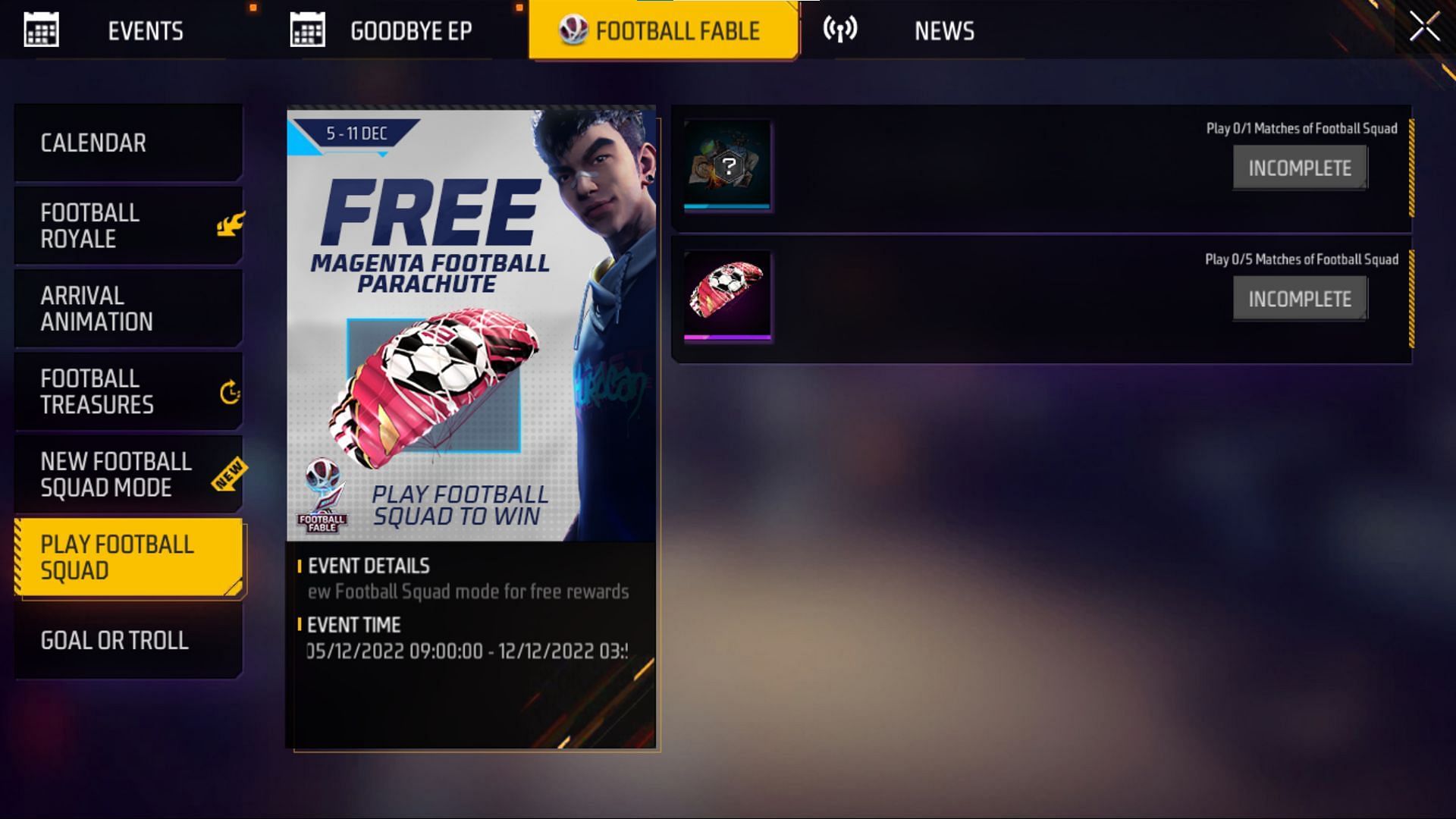 Play Football Squad event was recently added to Free Fire MAX (Image via Garena)