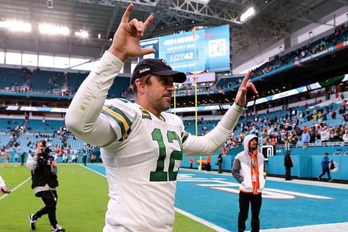 Aaron Rodgers at the Green Bay Packers v Miami Dolphins game