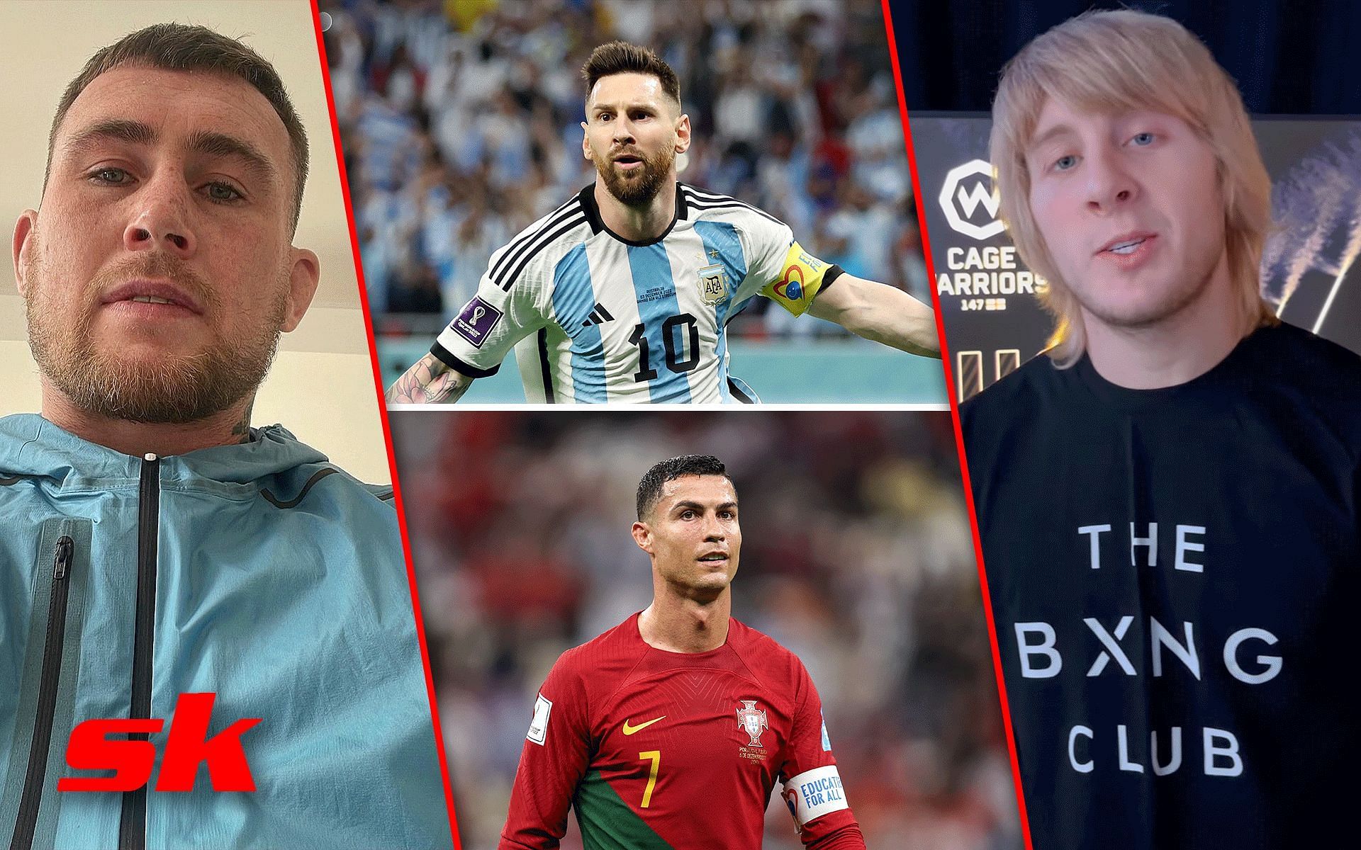Darren Till (left) Cristiano Ronaldo and Lionel Messi (centre) and Paddy Pimblett (right) [Image Courtesy: @darrentill2.0 and @theufcbaddy on Instagram, Cristiano Ronaldo and Lionel Messi via Getty Images]