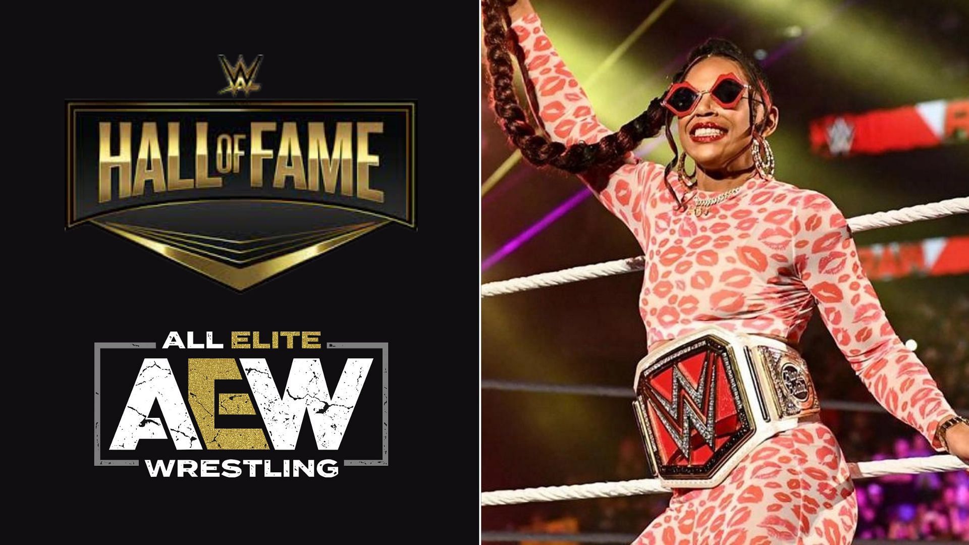 WWE Hall of Fame and AEW logos (left), Bianca Belair (right)