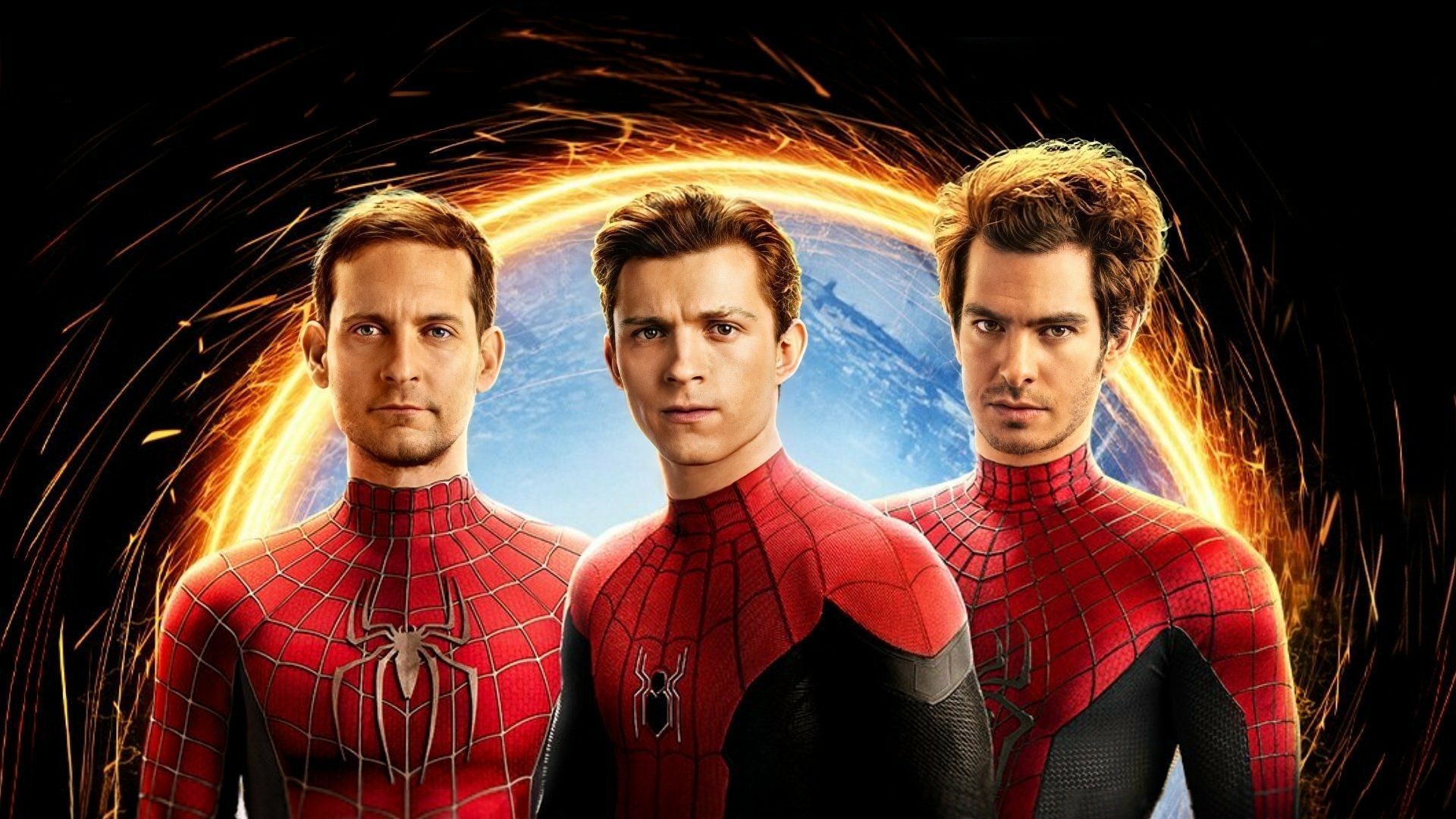 Tobey Maguire, Tom Holland, and Andrew Garfield as their versions of Peter Parker in a poster for Spider-Man: No Way Home (image via Sony Pictures/Marvel Studios)