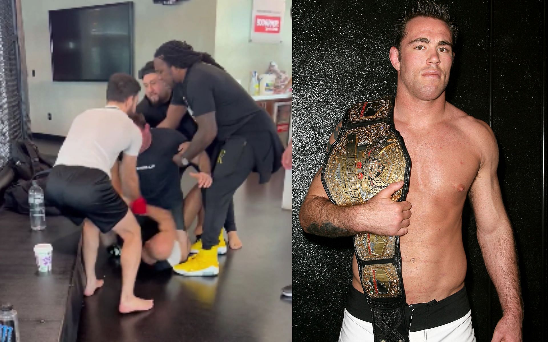 Jake Shields fighting with Mike Jackson (left) and Jake Shields (right) (Image credits Getty Images and @jakeshieldsajj on Twitter)