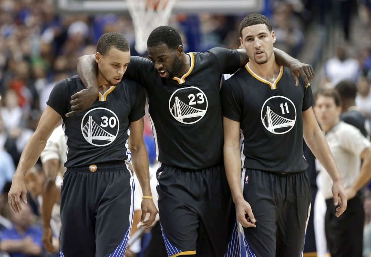 Steph Curry, Draymond Green and Klay Thompson (from left to right)