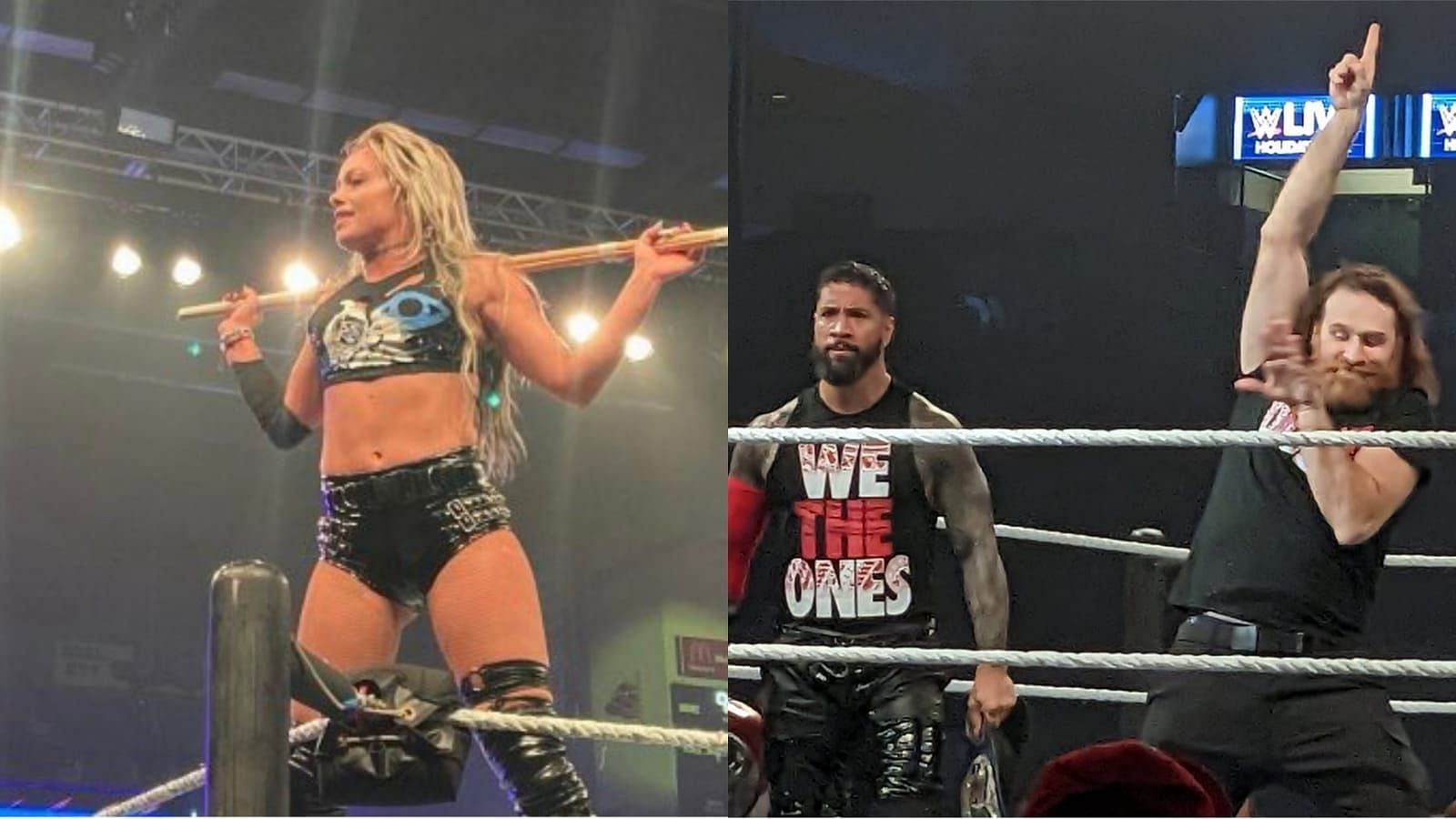 Liv Morgan (left); Sami Zayn and Jey Uso of The Bloodline (right)