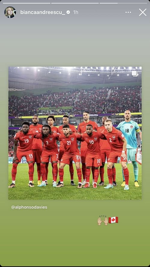 Bianca Andreescu's Instagram story for the Canada men's national soccer team.