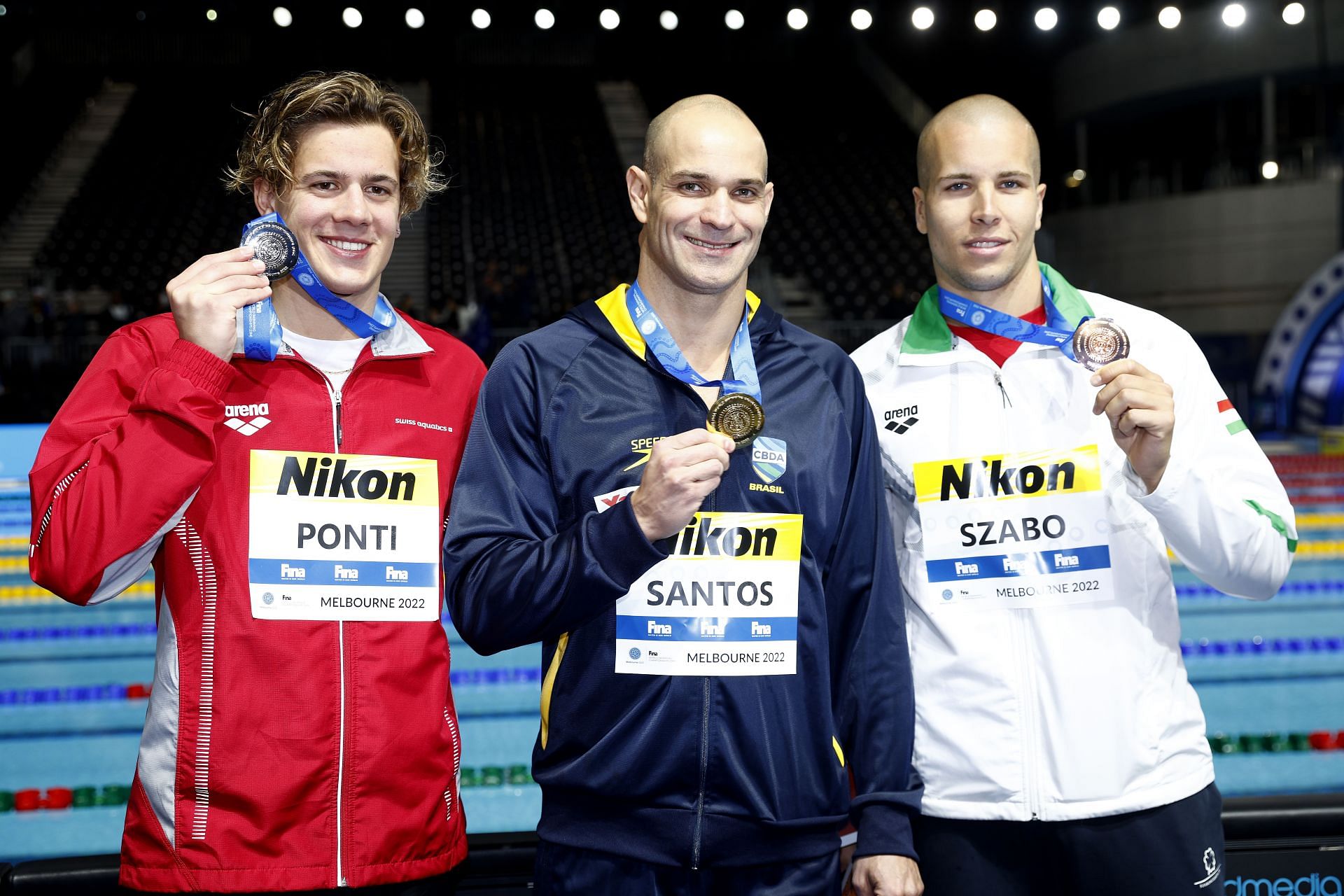 No&egrave; Ponti, Nicholas Santos, and Szebaszti&aacute;n Szab&oacute; at the Melbourne 2022 FINA World Short Course Swimming Championships