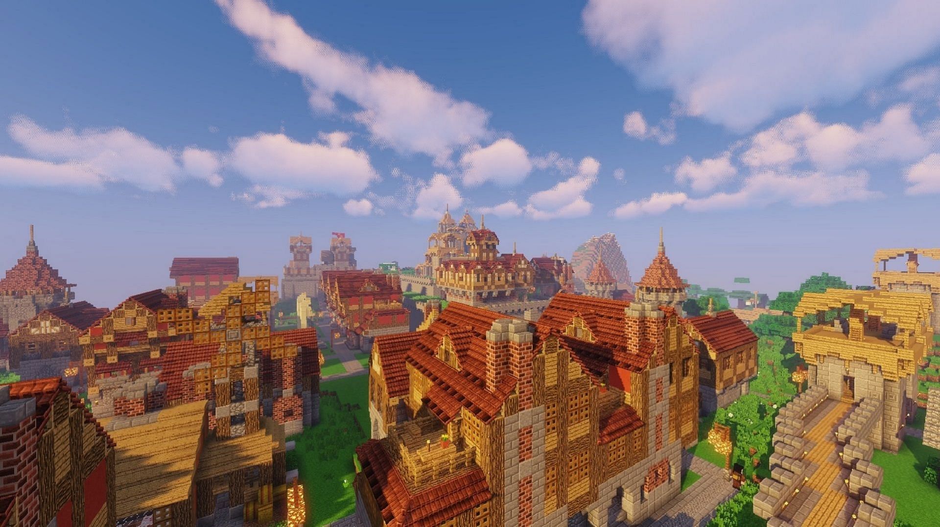 A splendorous Minecraft town created in MineColonies (Image via H3lay/CurseForge)