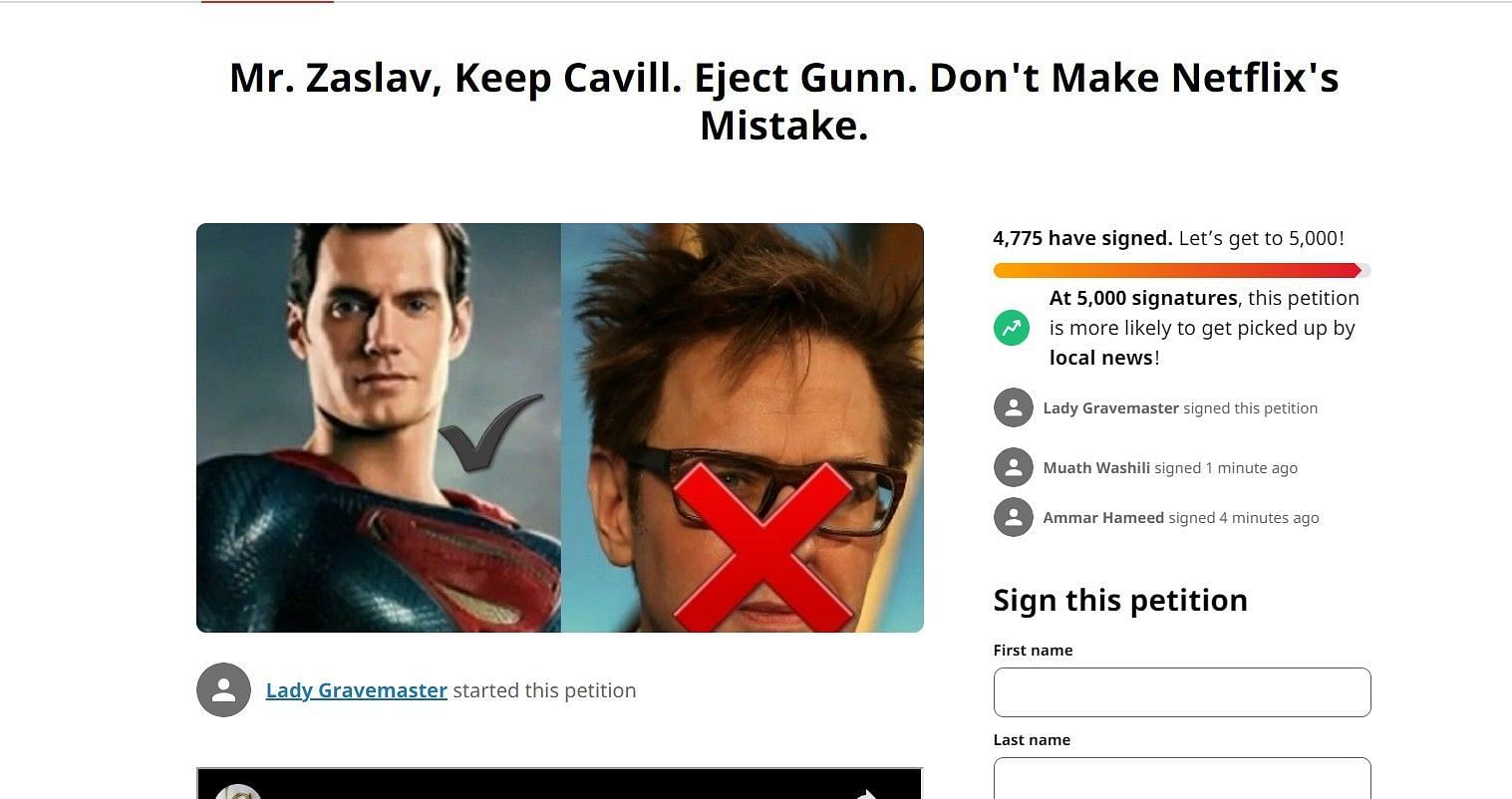 Petition to fire James Gunn while reinstating Cavill in the DCEU (image via Change.org)