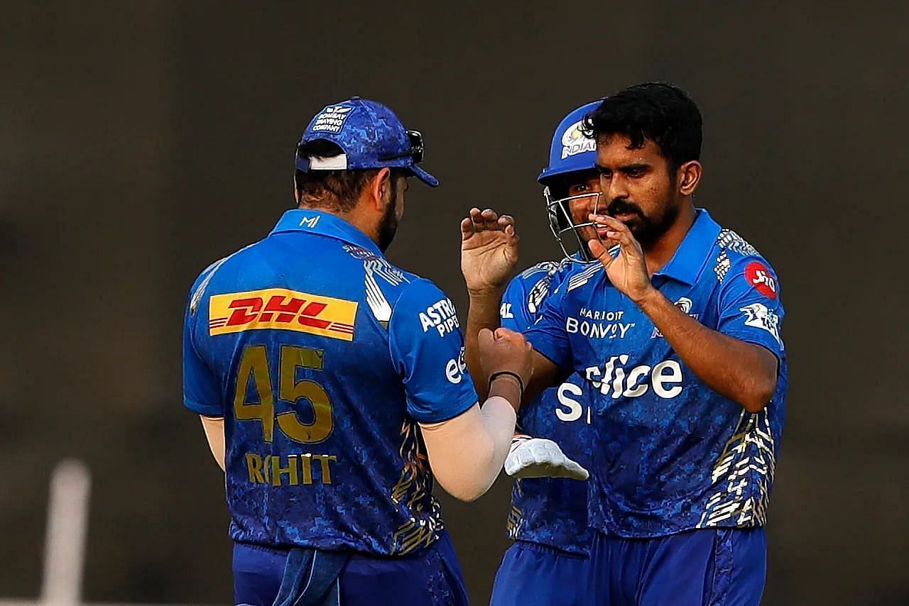 Murugan Ashwin (right) celebrates a wicket for Mumbai Indians. Pic: BCCI