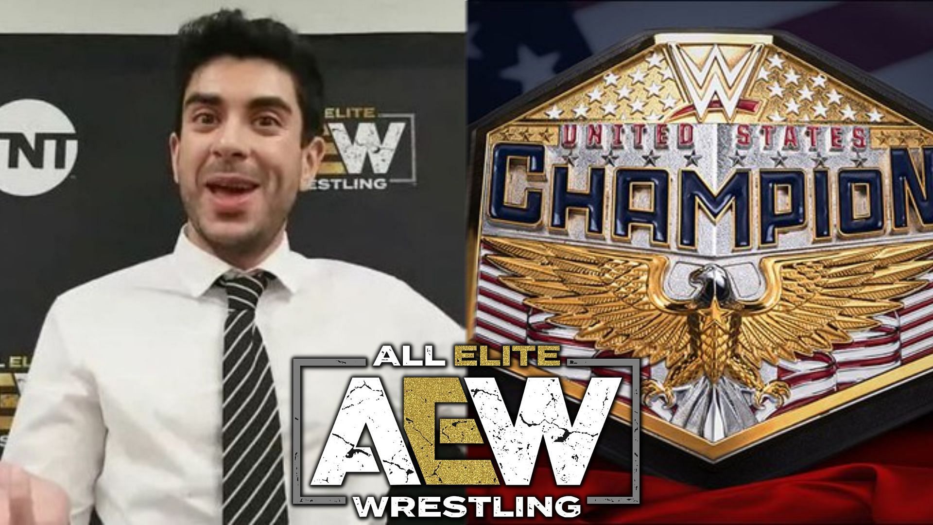 Tony Khan (Left), The WWE United States Championship (Right).