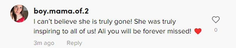 A comment expressing shock over Ali&#039;s death (Image via TikTok/ @boy.mama.of.2)