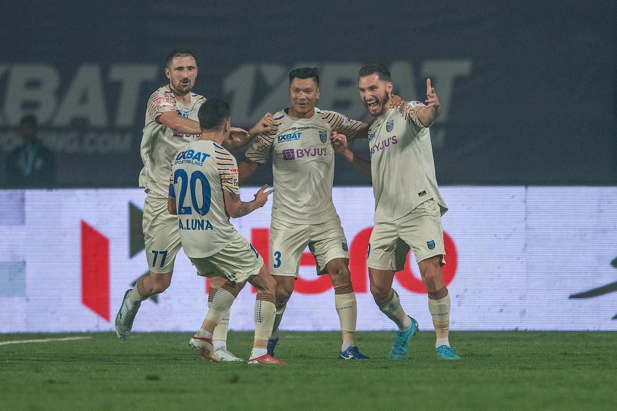 KBFC players celebrate as they hold on to win their fourth game (ISL)
