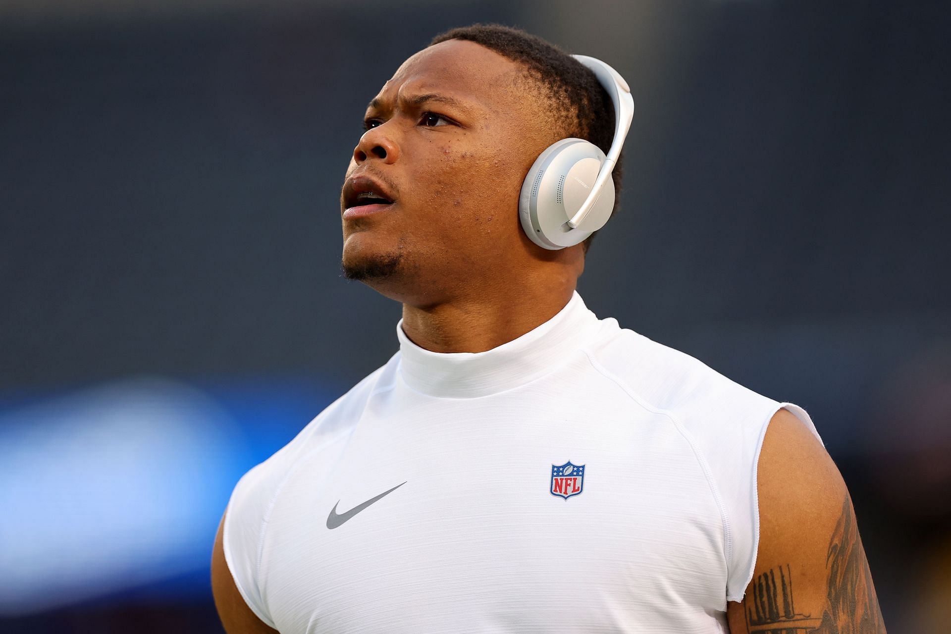 David Montgomery of the Chicago Bears looks on before the game