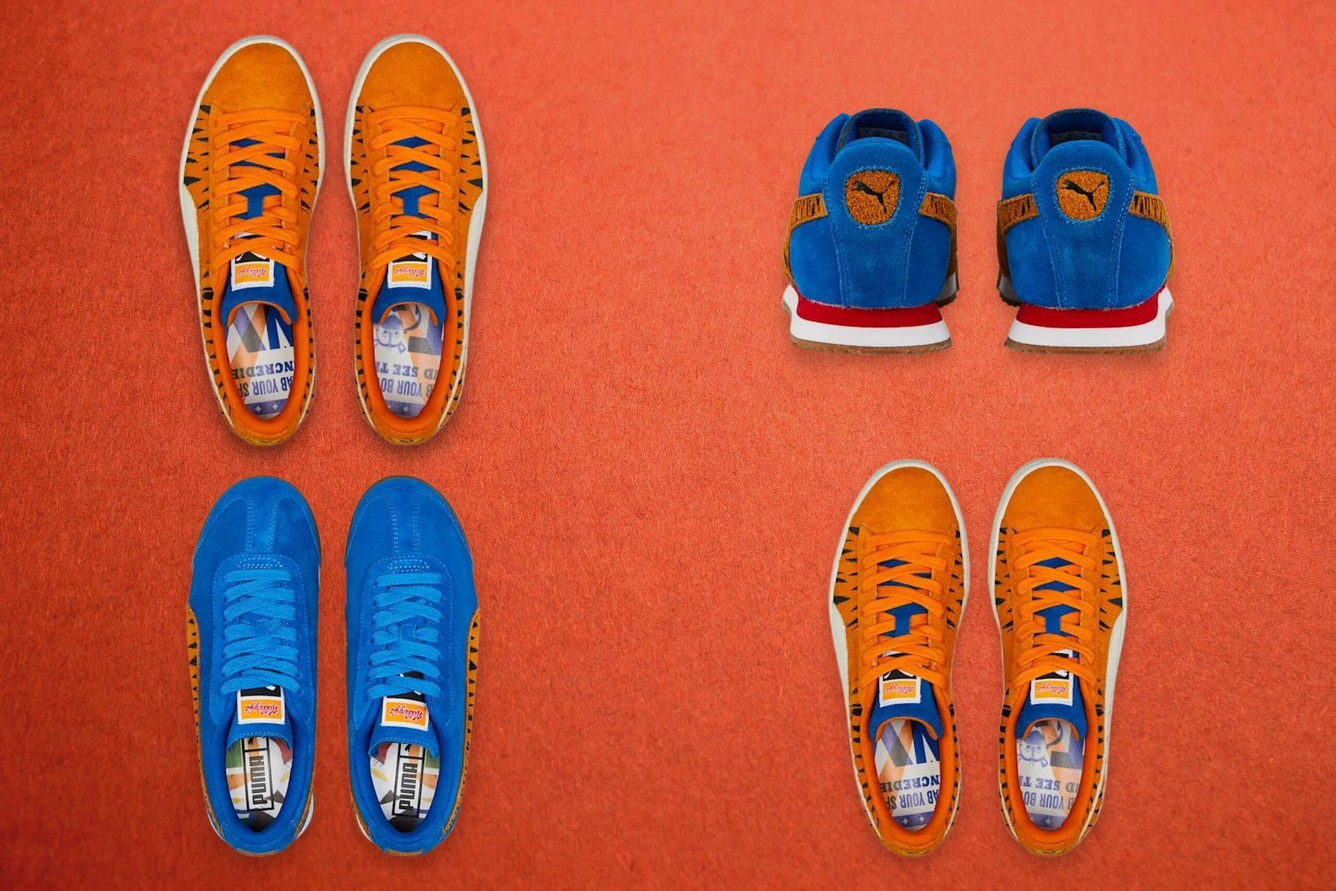 Newly released two-piece Frosted Flakes x Puma collab featuring Puma Suede and Roma celebrating the 70 years of Tony the Tiger mascot (Image via Sportskeeda)