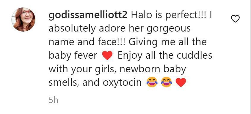 A comment welcoming Halo (Image via Instagram/ @godissamelliott2)