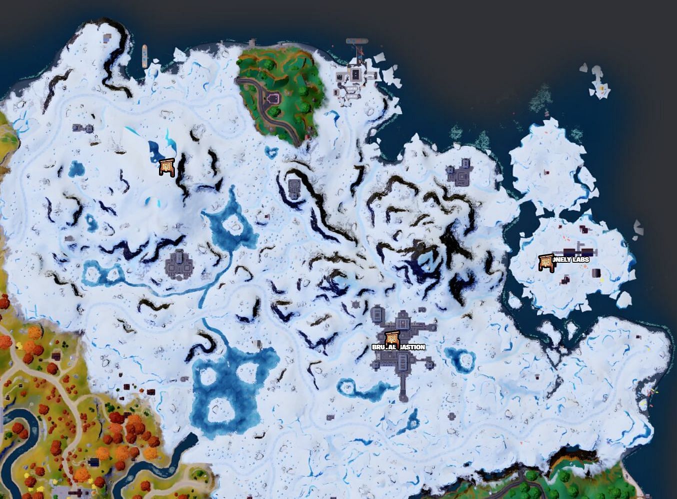 All Bounty Boards locations in the snow biome of the Chapter 4 Season 1 island (Image via Fortnite.GG)