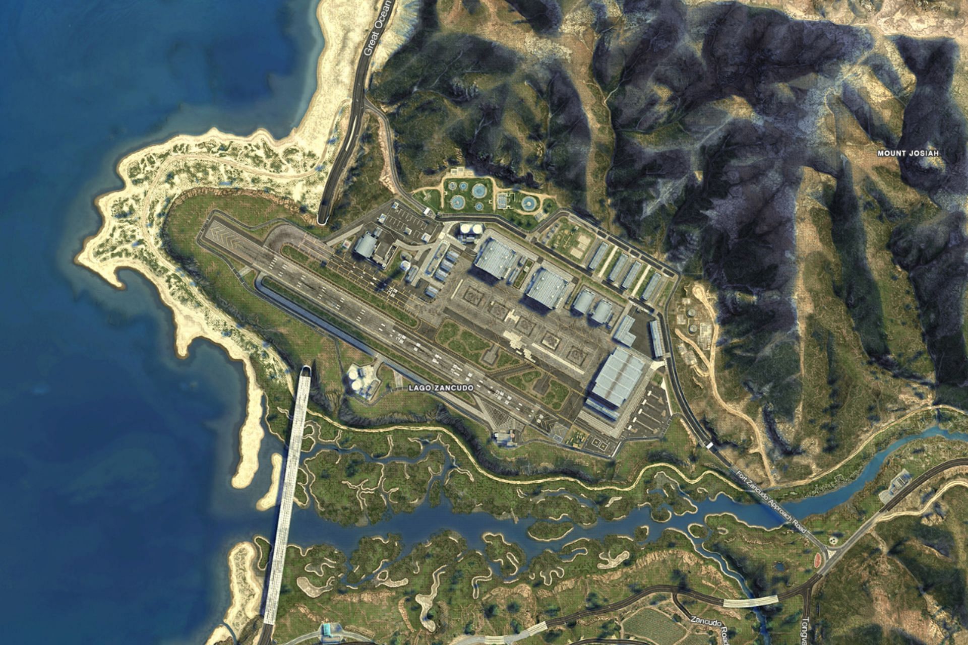 A satellite view of Fort Zancudo (Image via Rockstar Games)