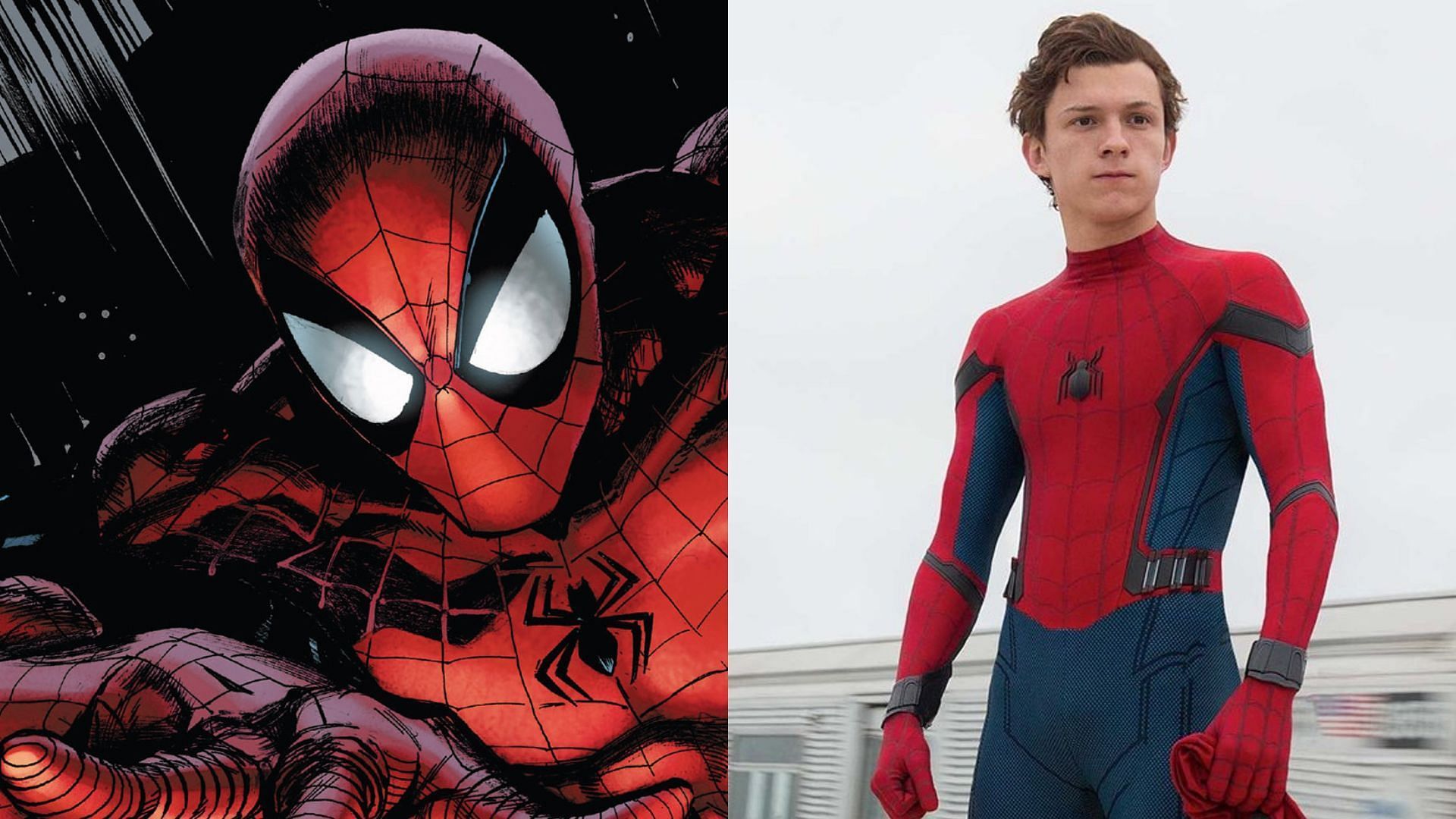 Left: Spider-Man in comics, Right: Spider-Man played by Tom Holland in the MCU (Images via Marvel/Sony Pictures)