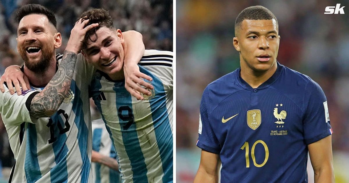 Lionel Messi and Julian Alvarez (left) and Kylian Mbappe (right)