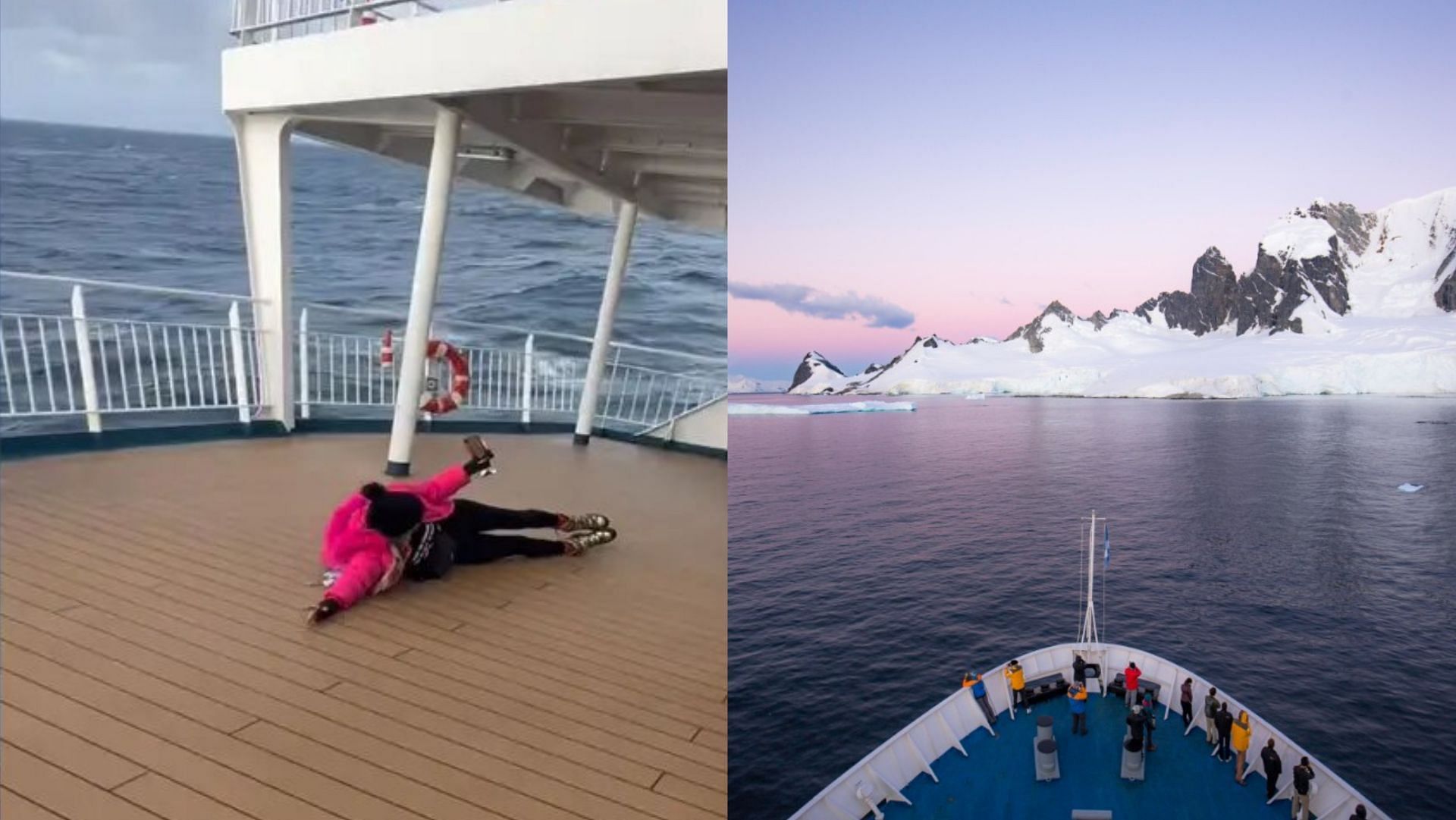 Passenger sliding across the deck while recording themselves at Drake Passage. TikTok videos go viral. (Image via TikTok/@jordannewton, Bernard Neal)