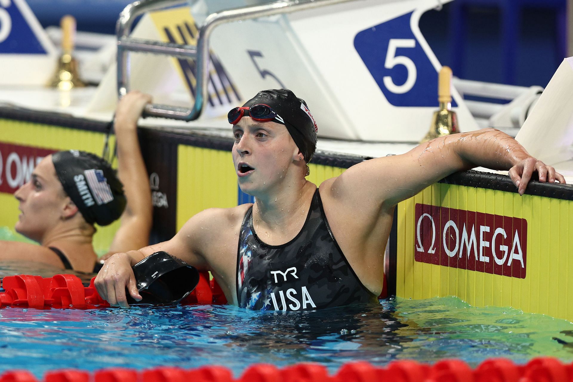 Katie Ledecky of Team United States celebrates after winning Gold in the Women&#039;s 800m Freestyle Final of the Budapest 2022 FINA World Championships