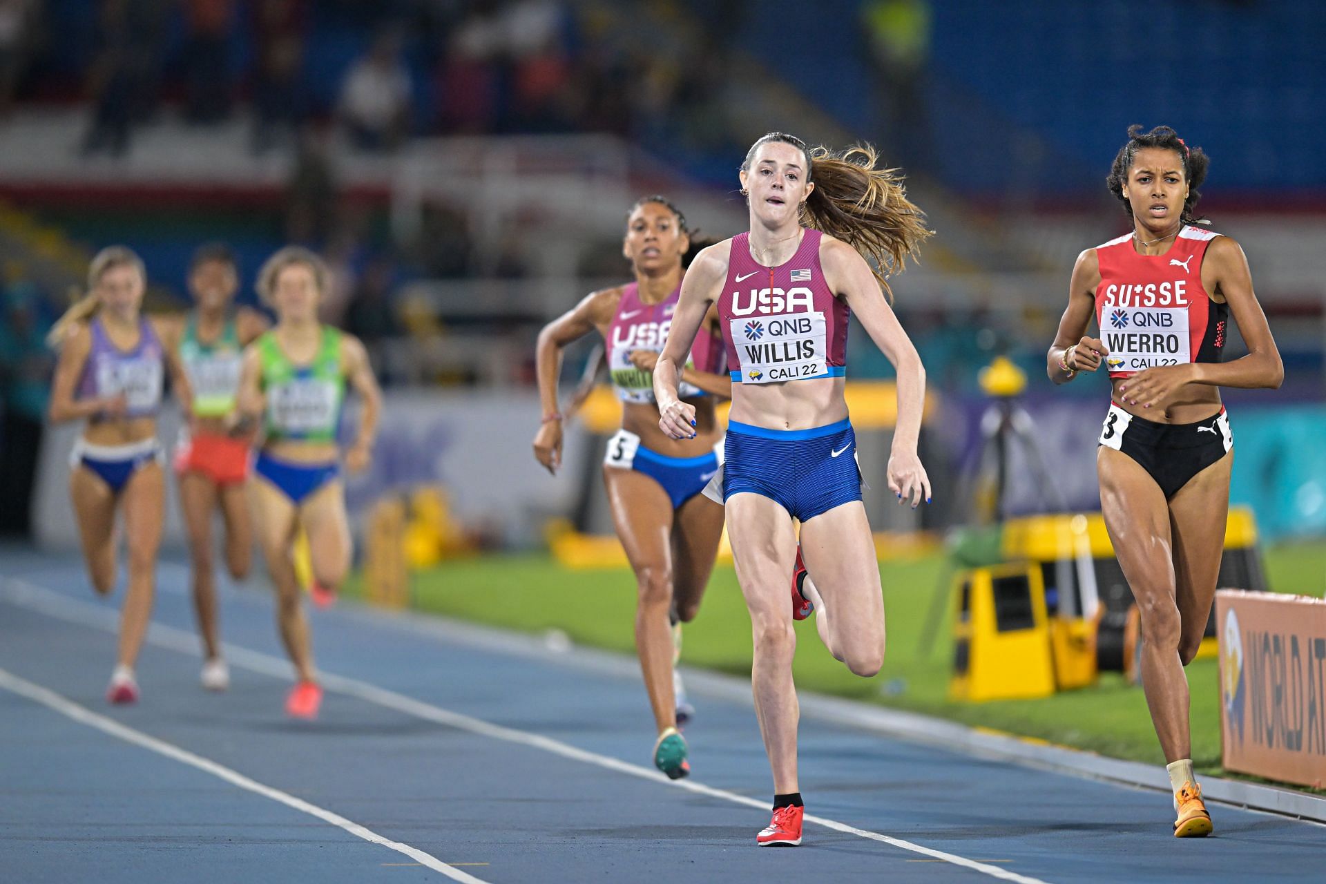 Roisin Willis (2R) of Team USA competes in the Women&#039;s 800m Final on day three of the World Athletics U20 Championships Cali 2022