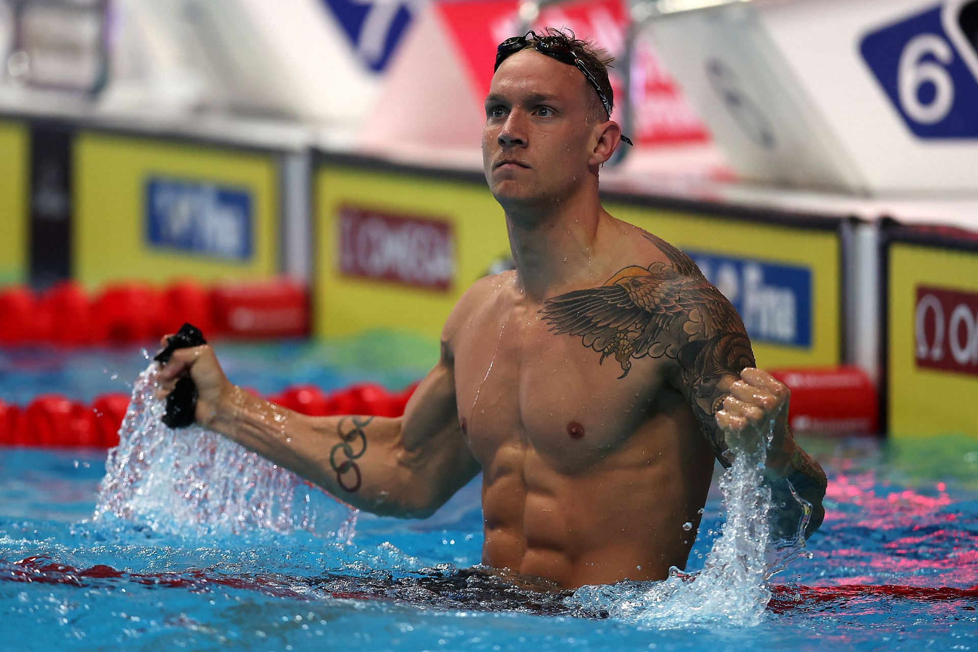 Caeleb Dressel of Team United States celebrates after winning gold in the Men&#039;s 50m Butterfly Final of the Budapest 2022 FINA World Championships.