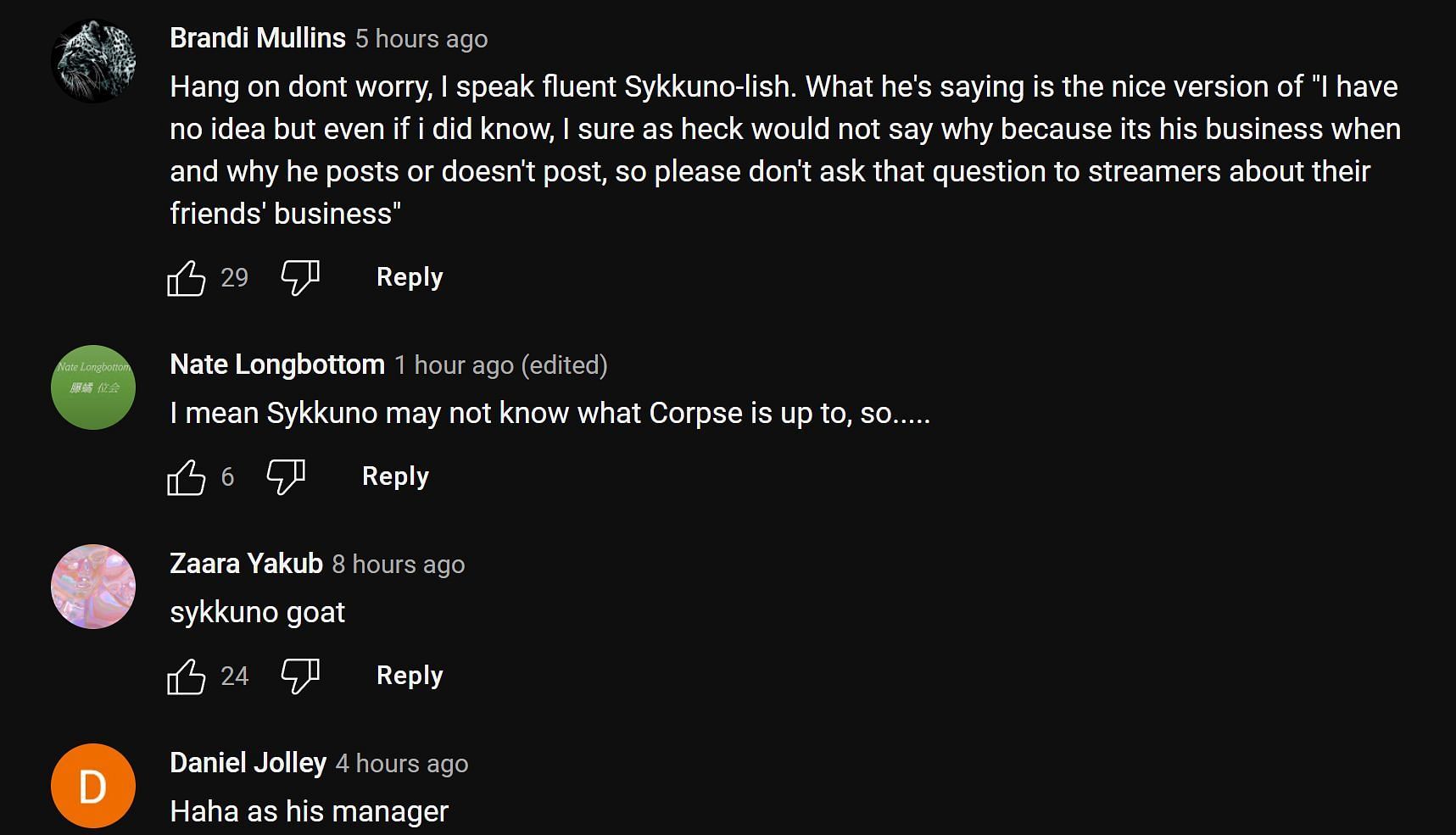 Fans in the YouTube comments section reacting to the streamer&#039;s response (Image via The Corpse Squad/YouTube)