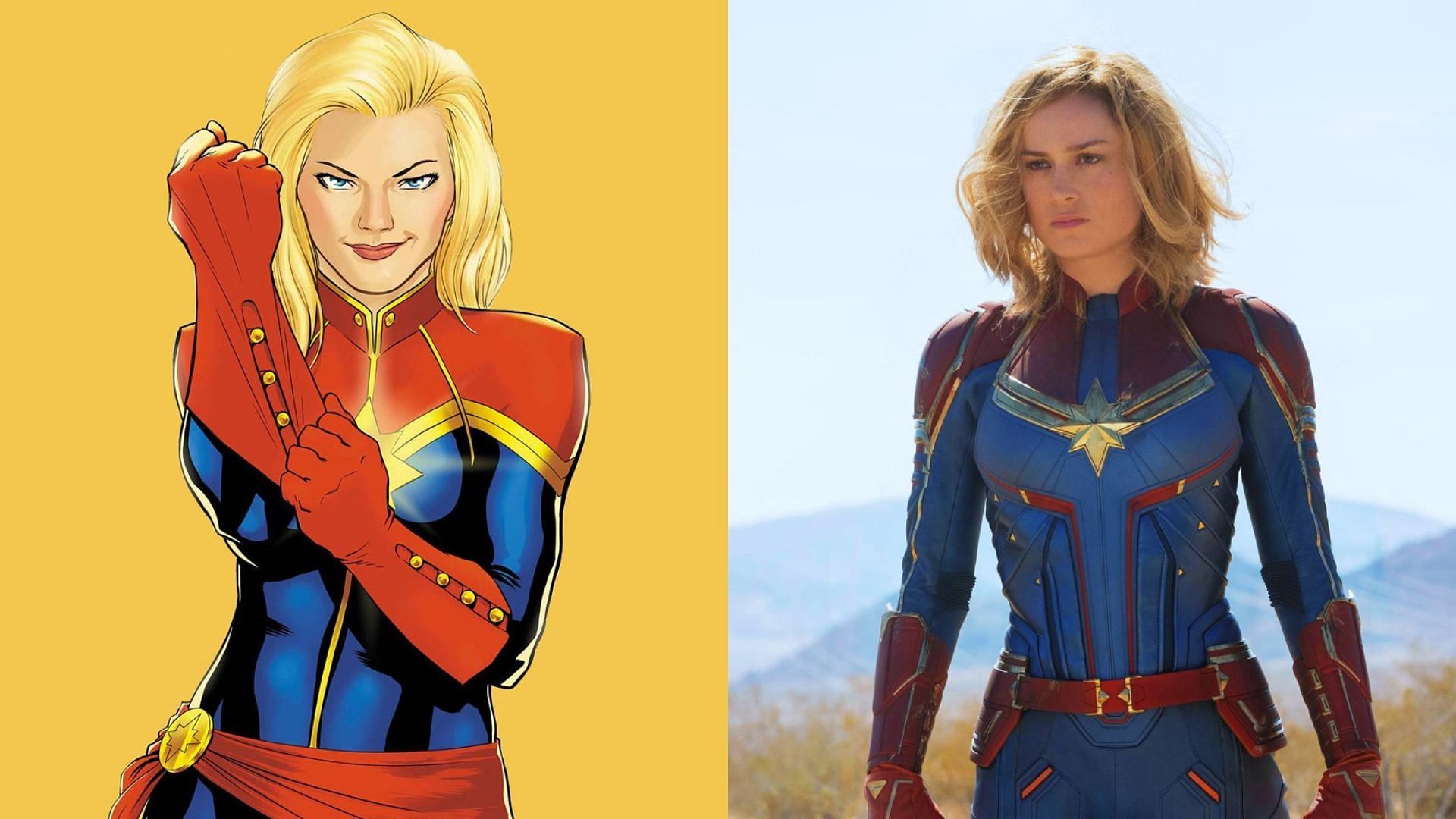 Left: Captain Marvel in comics, Right: Captain Marvel played by Brie Larson in the MCU (Images via Marvel)