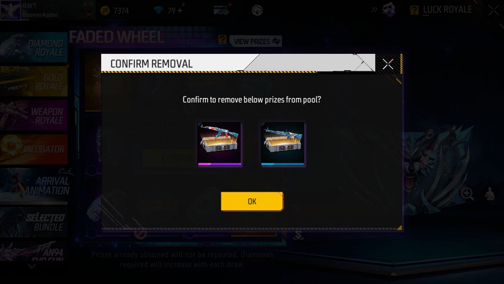 Confirm the removal to proceed to the next interface (Image via Garena)