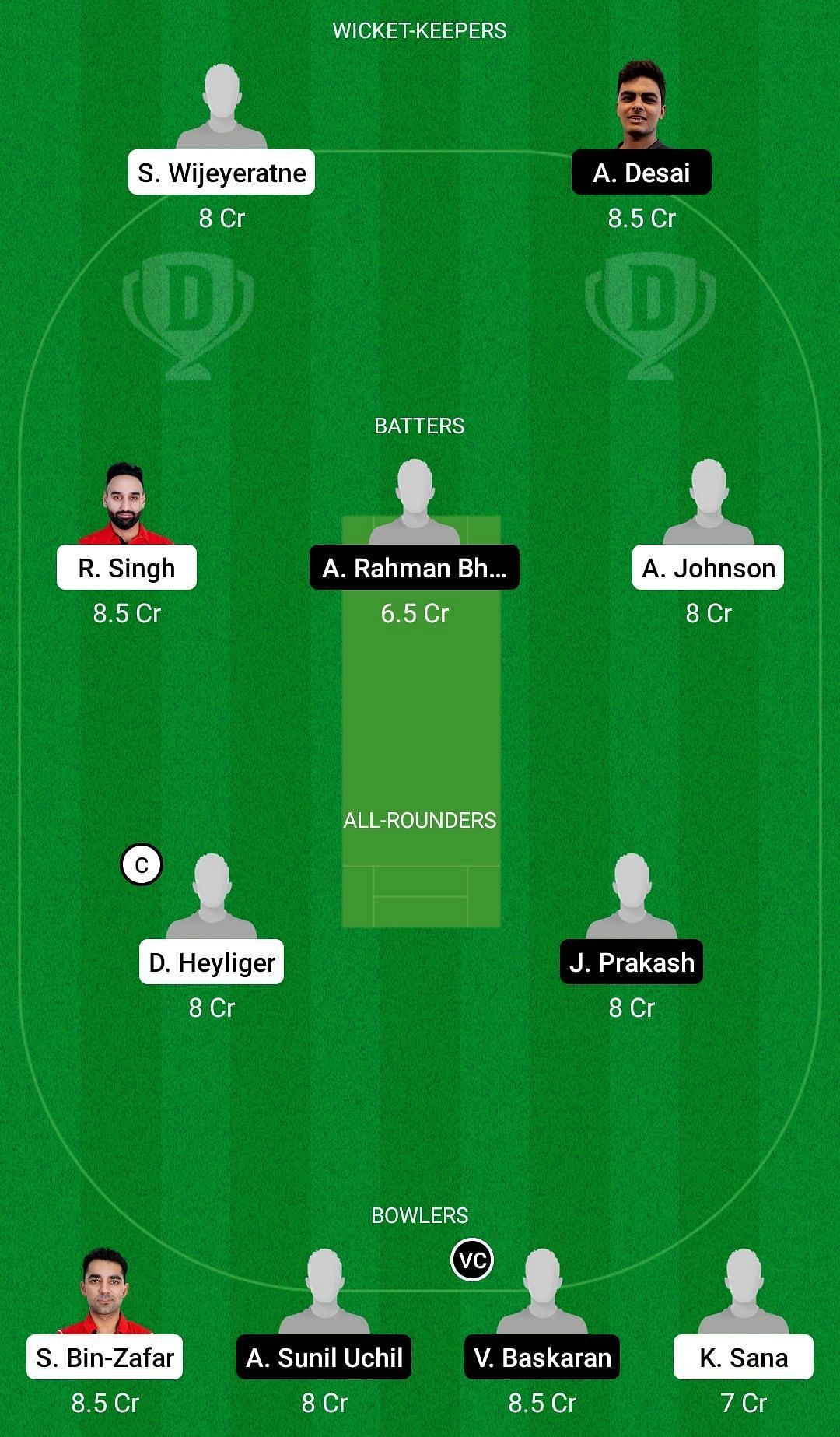 Dream11 Team for Canada vs Singapore - CWC Challenge League Group A.