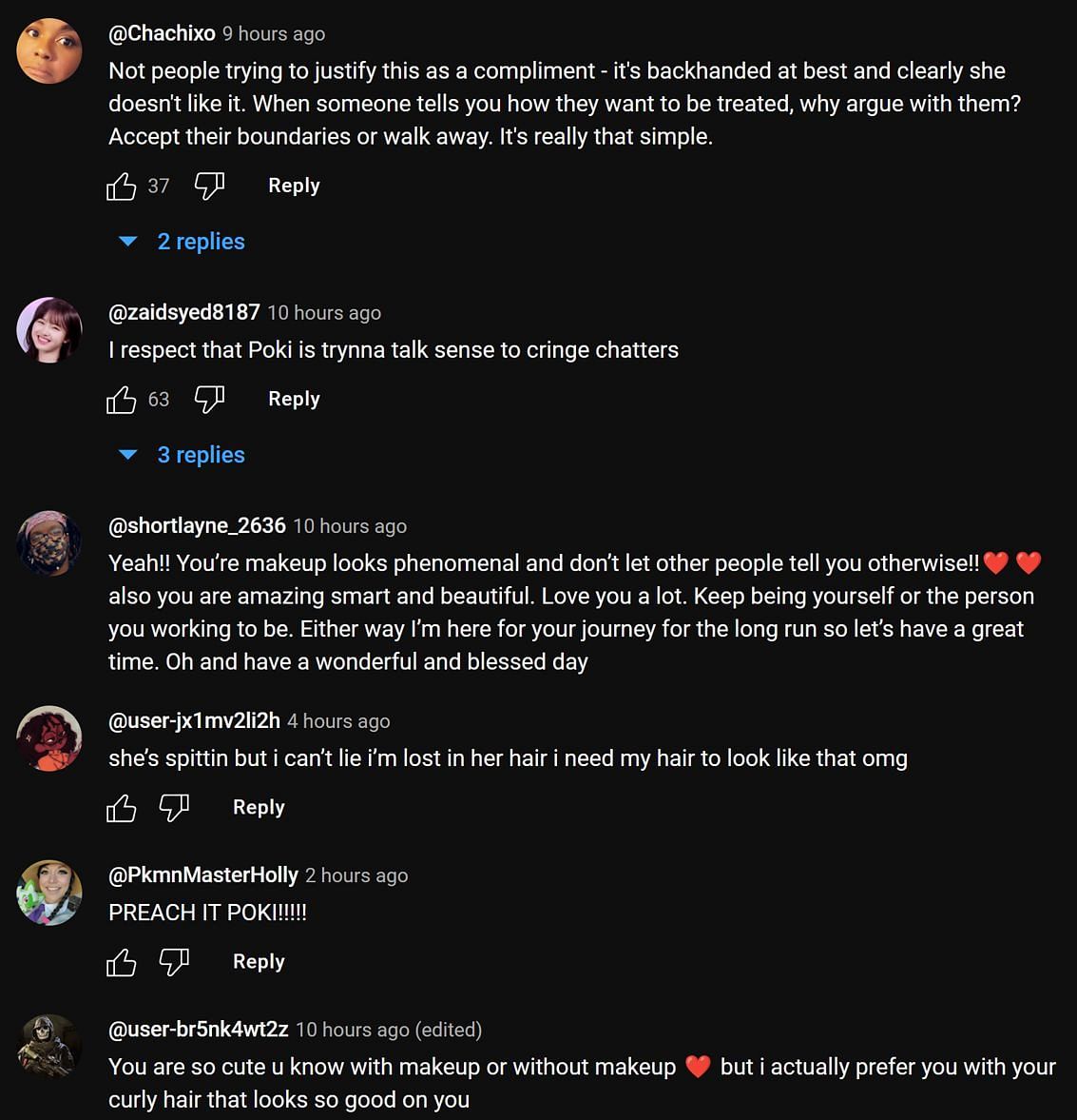 Fans in the YouTube comments section reacting to the streamer&#039;s take (Image via Pokimane Too/YouTube)