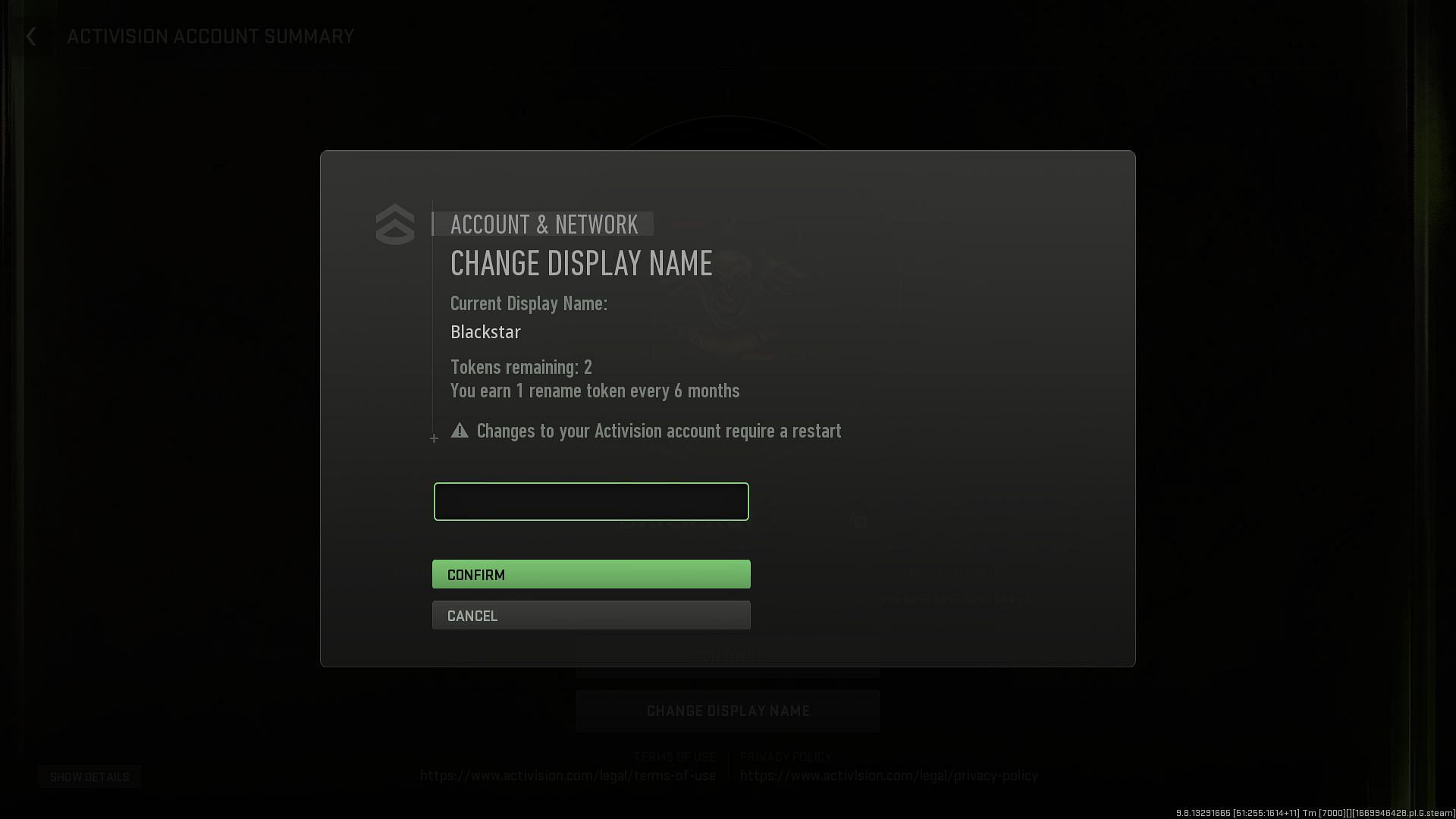 The text box for changing the display name in Warzone 2 (Image via Activision)