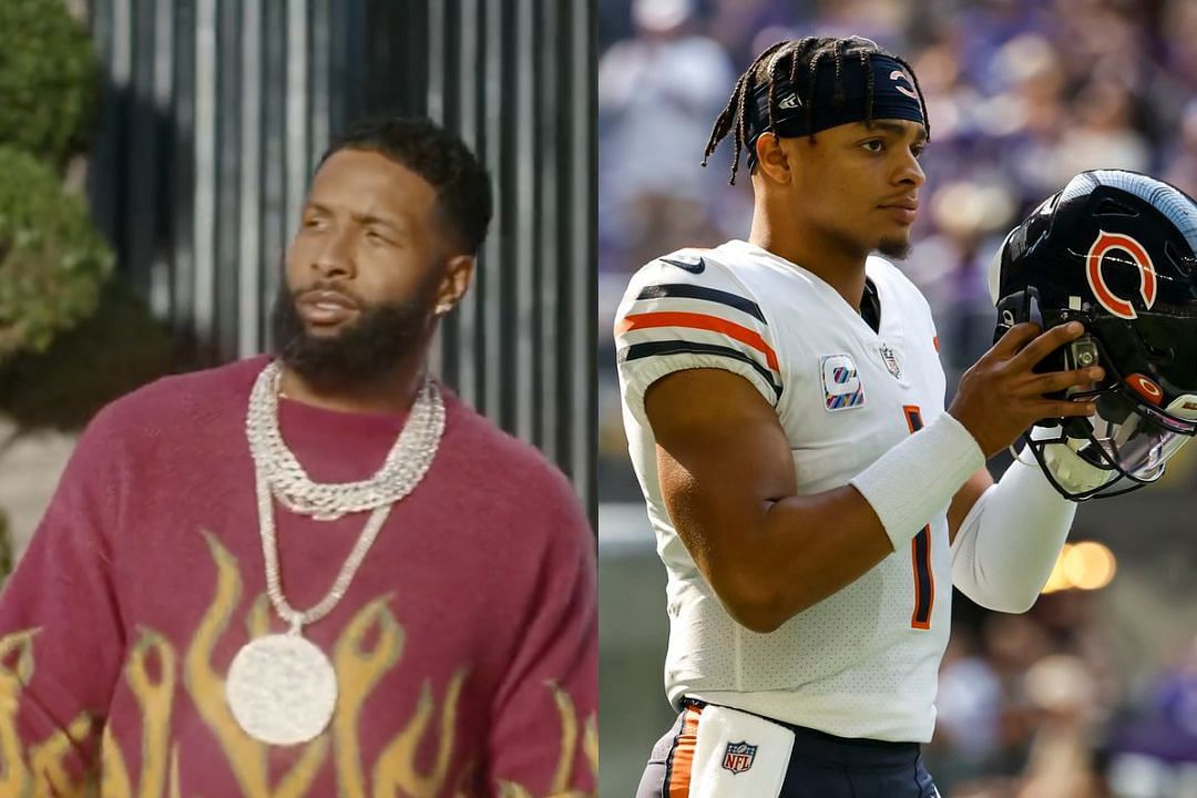 Free agent WR Odell Beckham Jr. in UberEats commercial (l) and Bears QB Justin Fields (r)