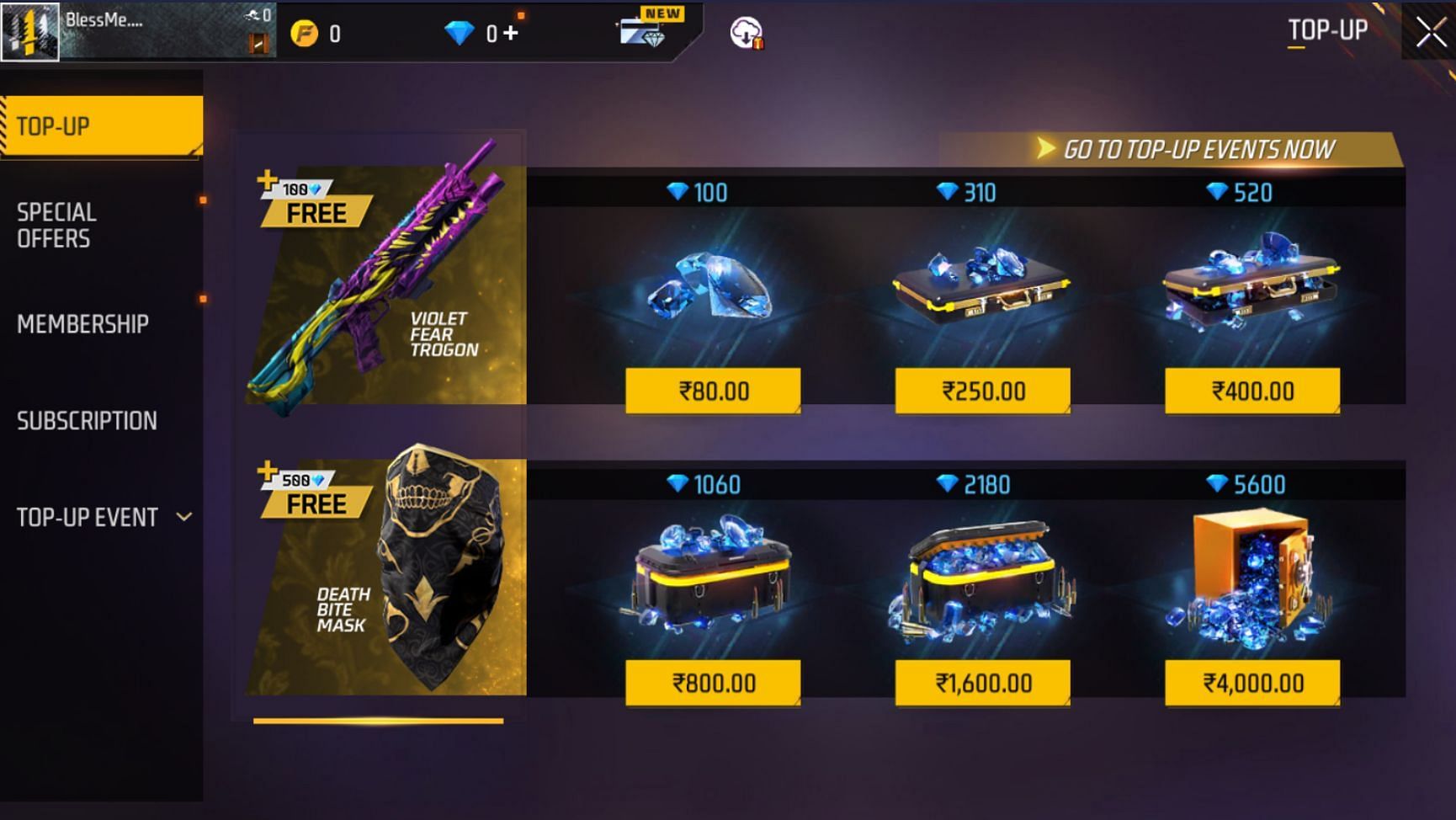 Different options for diamond bundles are available for Indian users (Image via Garena)