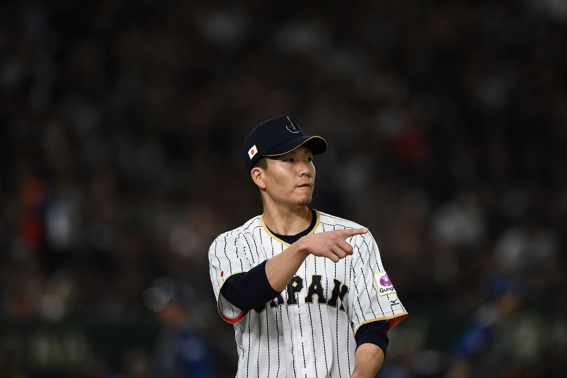 Pitcher Kohdai Senga reacts after the during the World Baseball Classic game between Israel and Japan at the Tokyo Dome