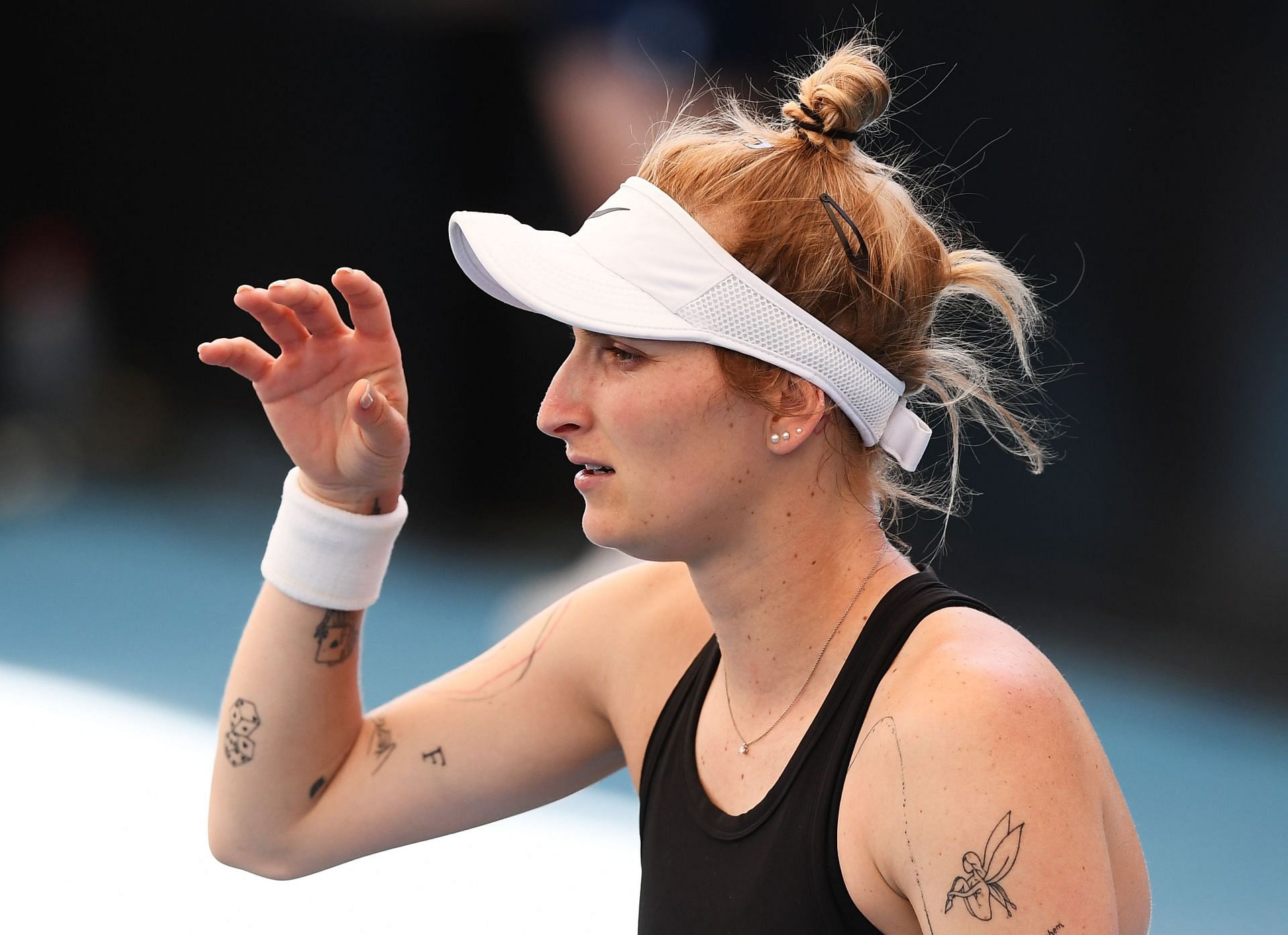 Marketa Vondrousova gestures during a match at the 2023 Adelaide International 1