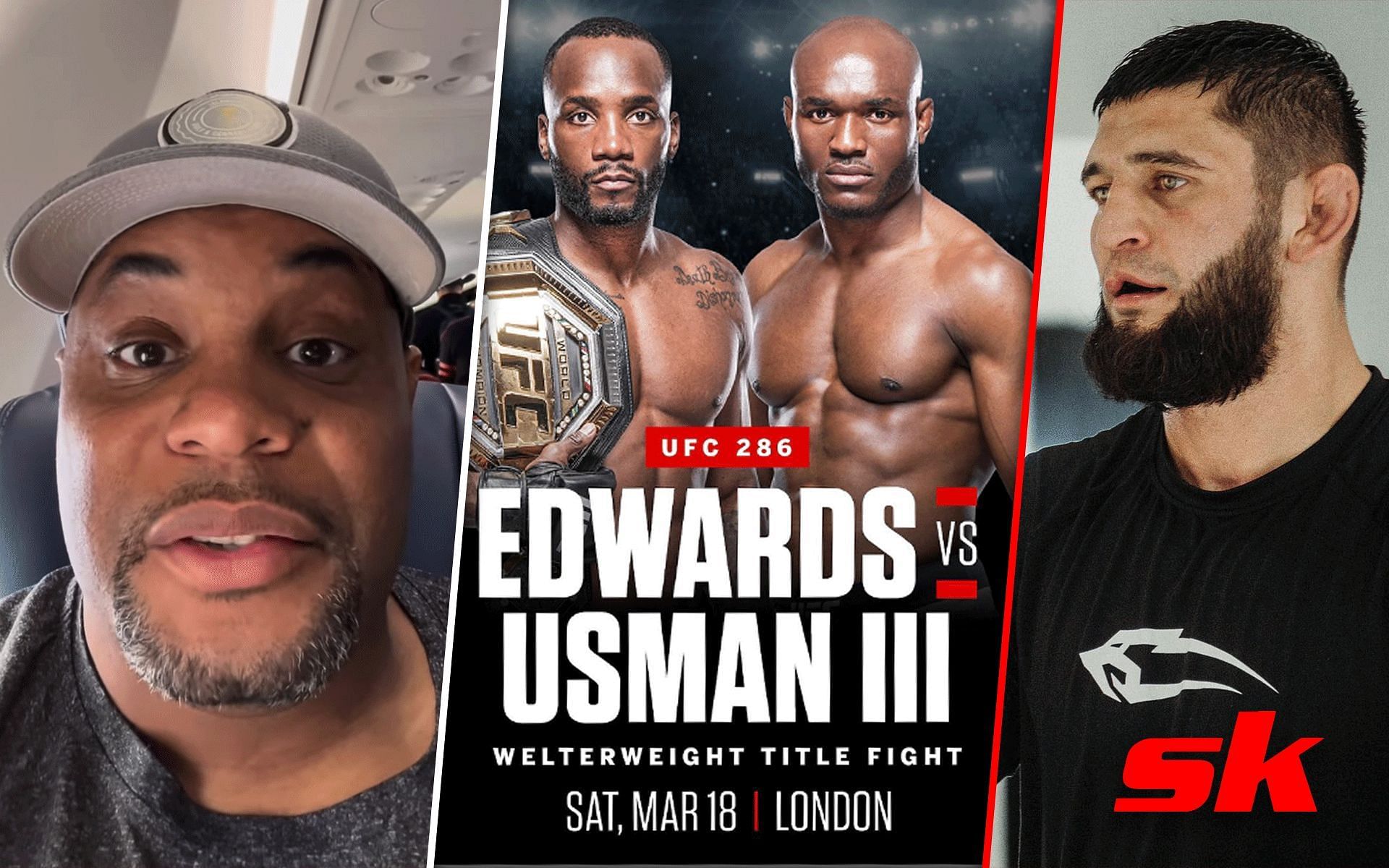 Daniel Cormier (left), UFC 286 poster (center), and Khamzat Chimaev (right). [Images courtesy: left image from Instagram @dc_mma, center image from Instagram @espnmma, and right image from @khamzat_chimaev]