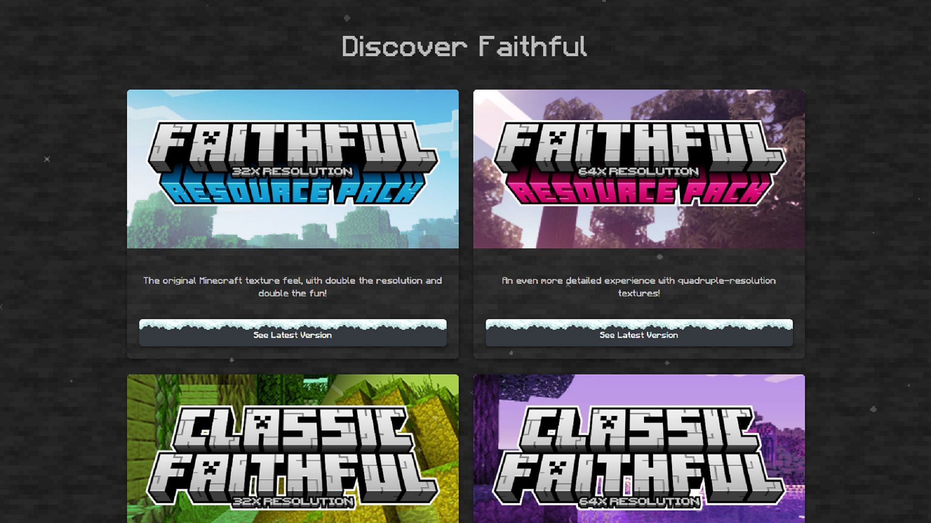 Faithful offers multiple resolutions for different hardware setups running Minecraft (Image via Faithfulpack.net)